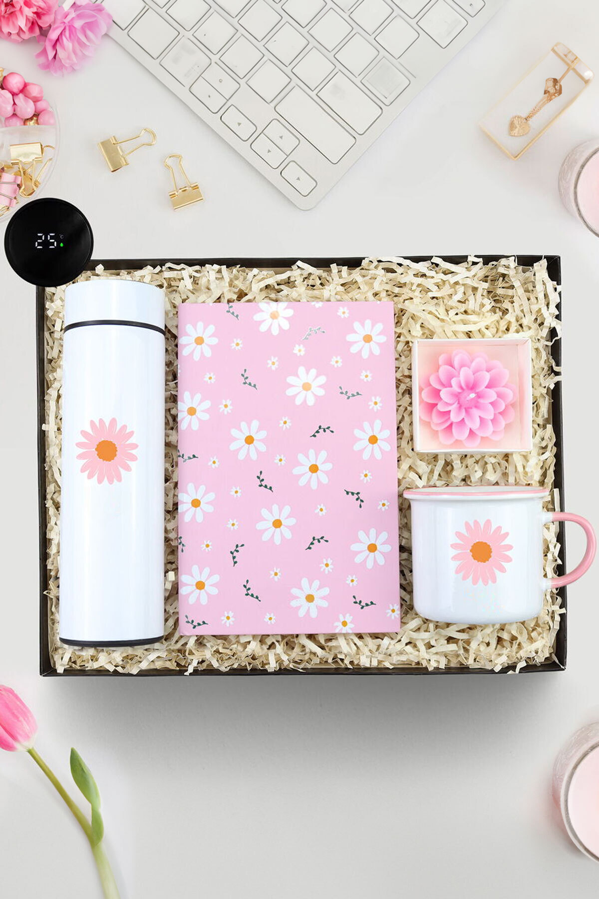 Trendmiya Tasarım 500 ML Dereceli Termos & Tasarım Defter & Vintage Kupa & Lotus Mum Hediye Seti