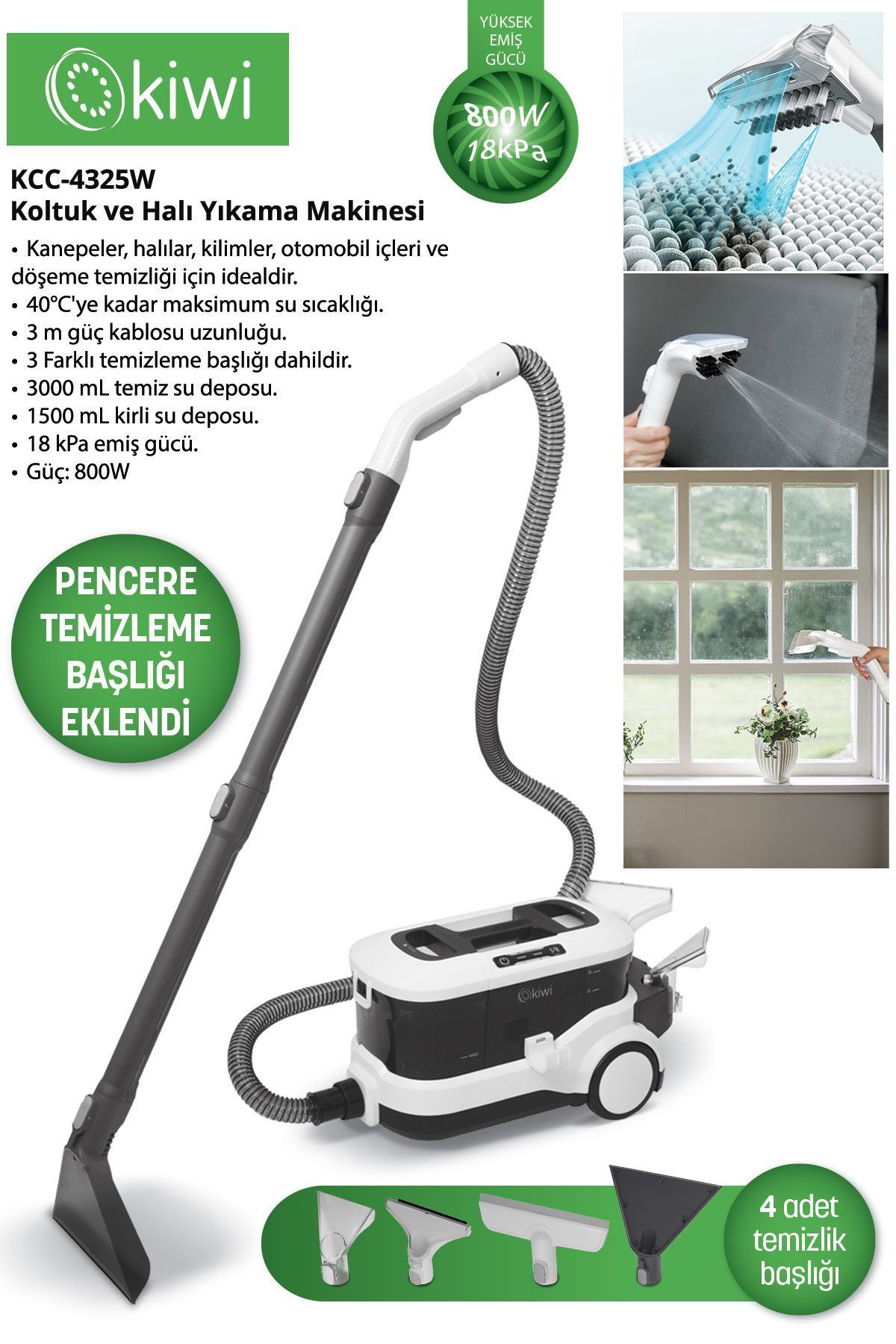 Kiwi Ekstra Pencere Temizleme Aparatlı Koltuk Halı Yıkama Ve Leke Çıkartma Makinesi Kcc-4325w