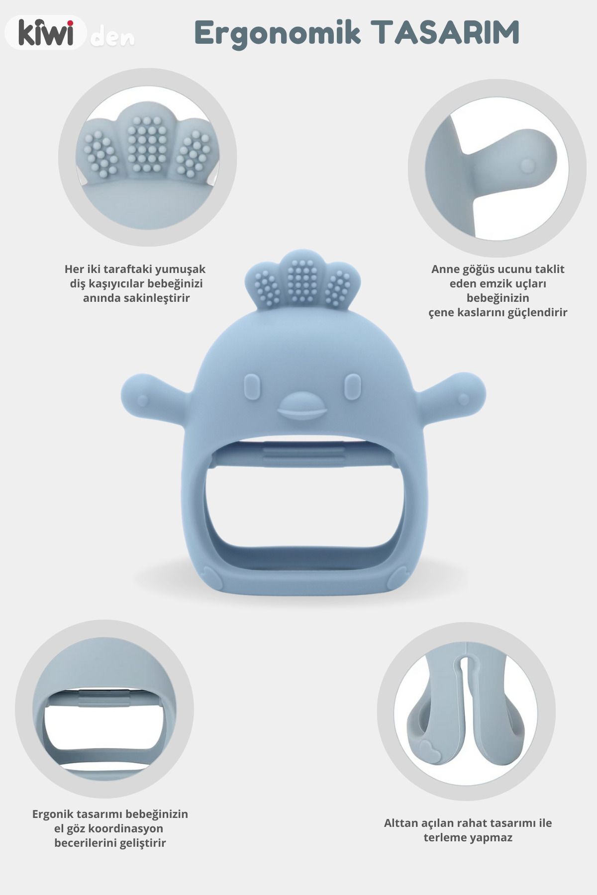 Kiwi Chicken Bebek Diş Kaşıyıcı Emzik Uçlu Eldiven Şeklinde Oyuncak Dişlik, Dusty Blue Renk fotoğrafı 4 (önizleme)