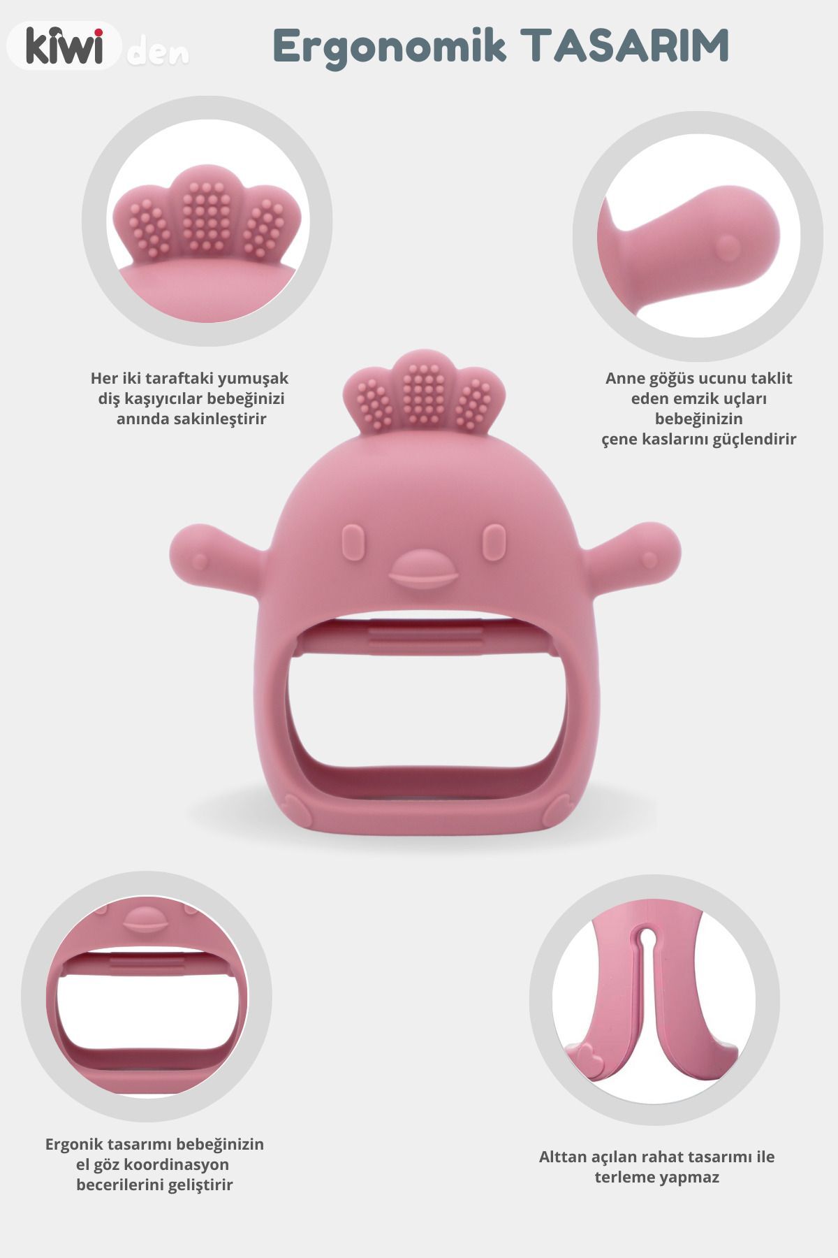 Kiwi Chicken Bebek Diş Kaşıyıcı Emzik Uçlu Eldiven Şeklinde Oyuncak Dişlik, Dark Pink Renk fotoğrafı 3 (önizleme)