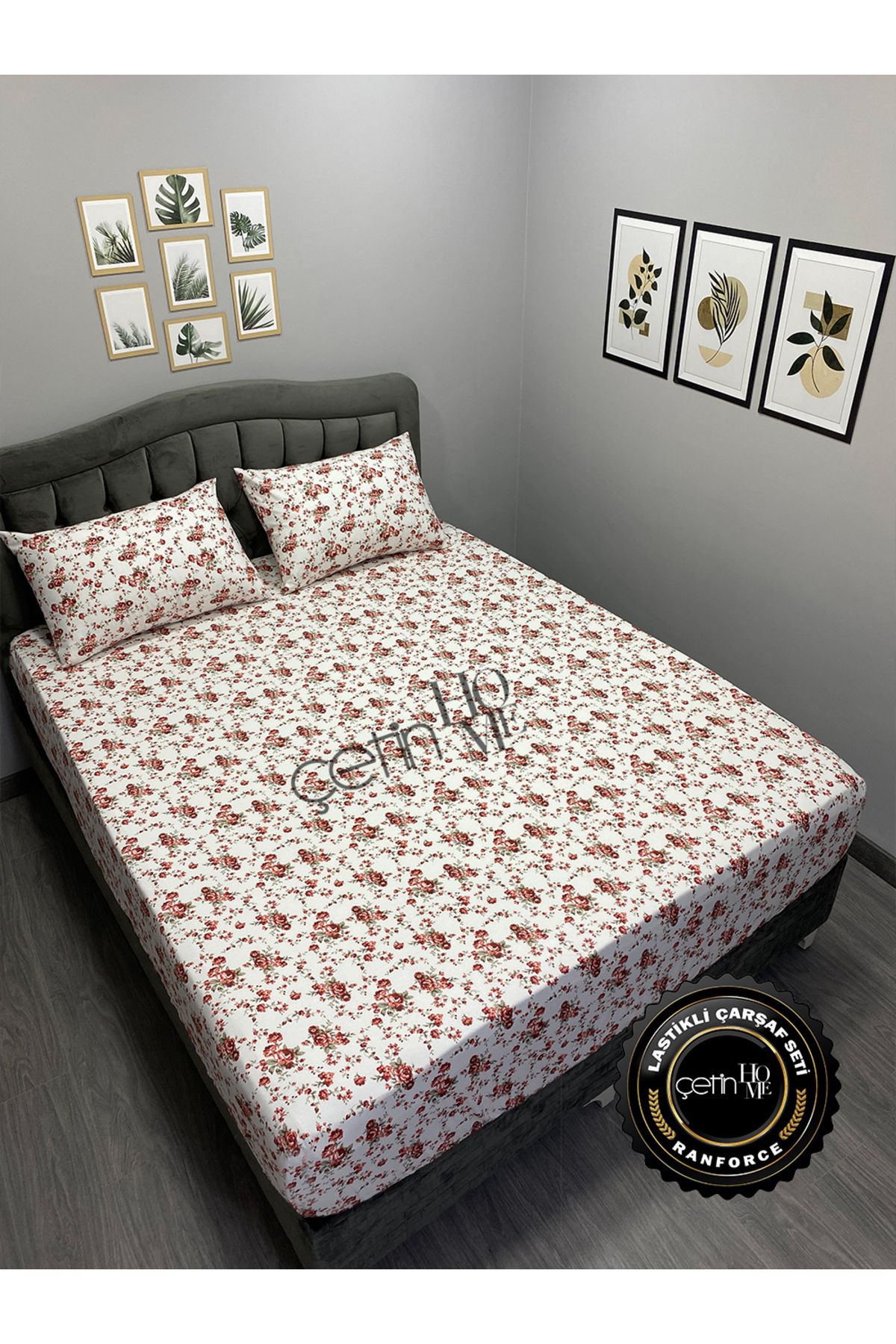 Çetinhome-Red Double and Oversized Gardenia Fitted Sheet Set 1