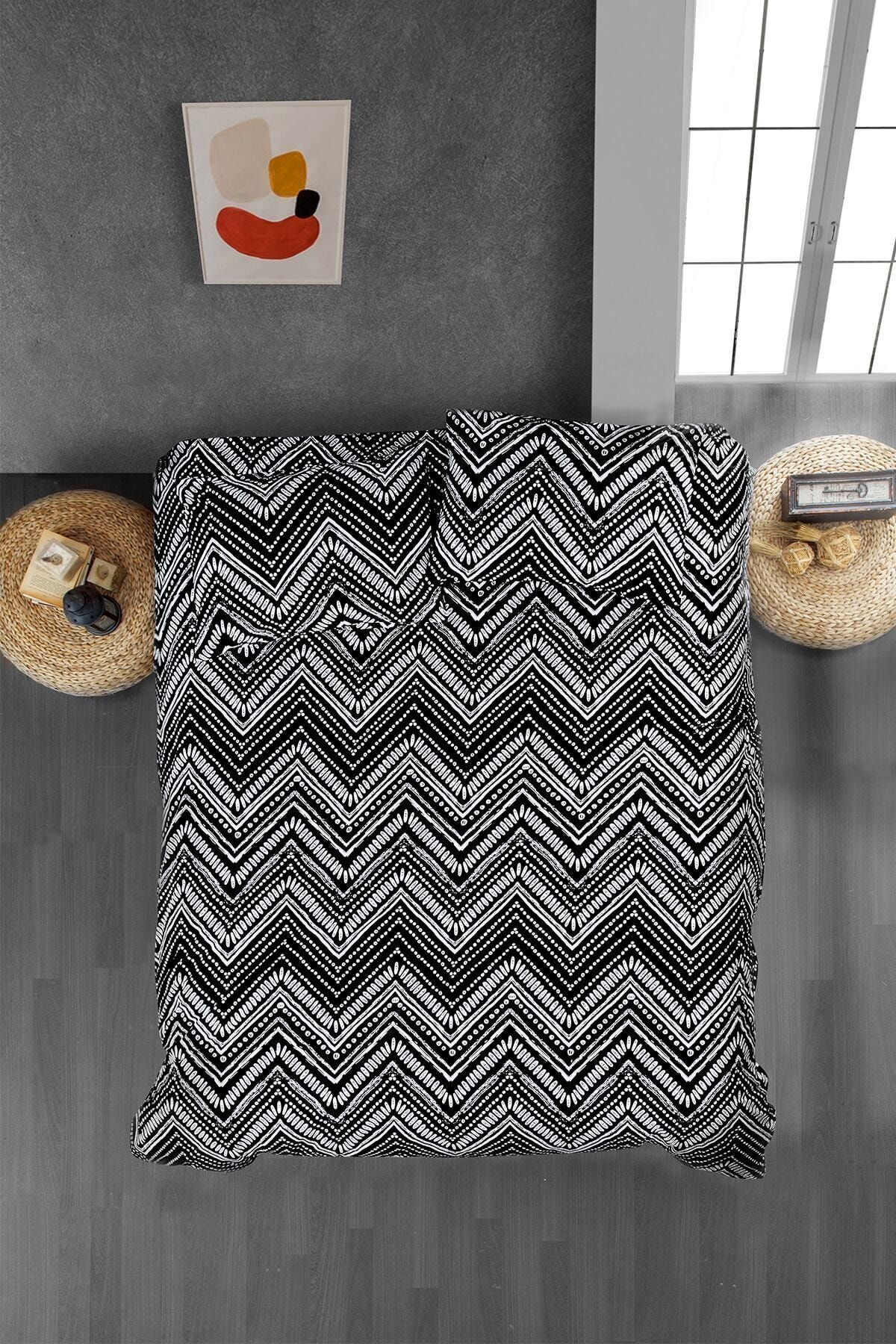 Home & Bath Basic Çift Kişilik Nevresim Seti - Siyah Beyaz Zikzak Desenli %100 Pamuk hava geçirgen - Horst 2