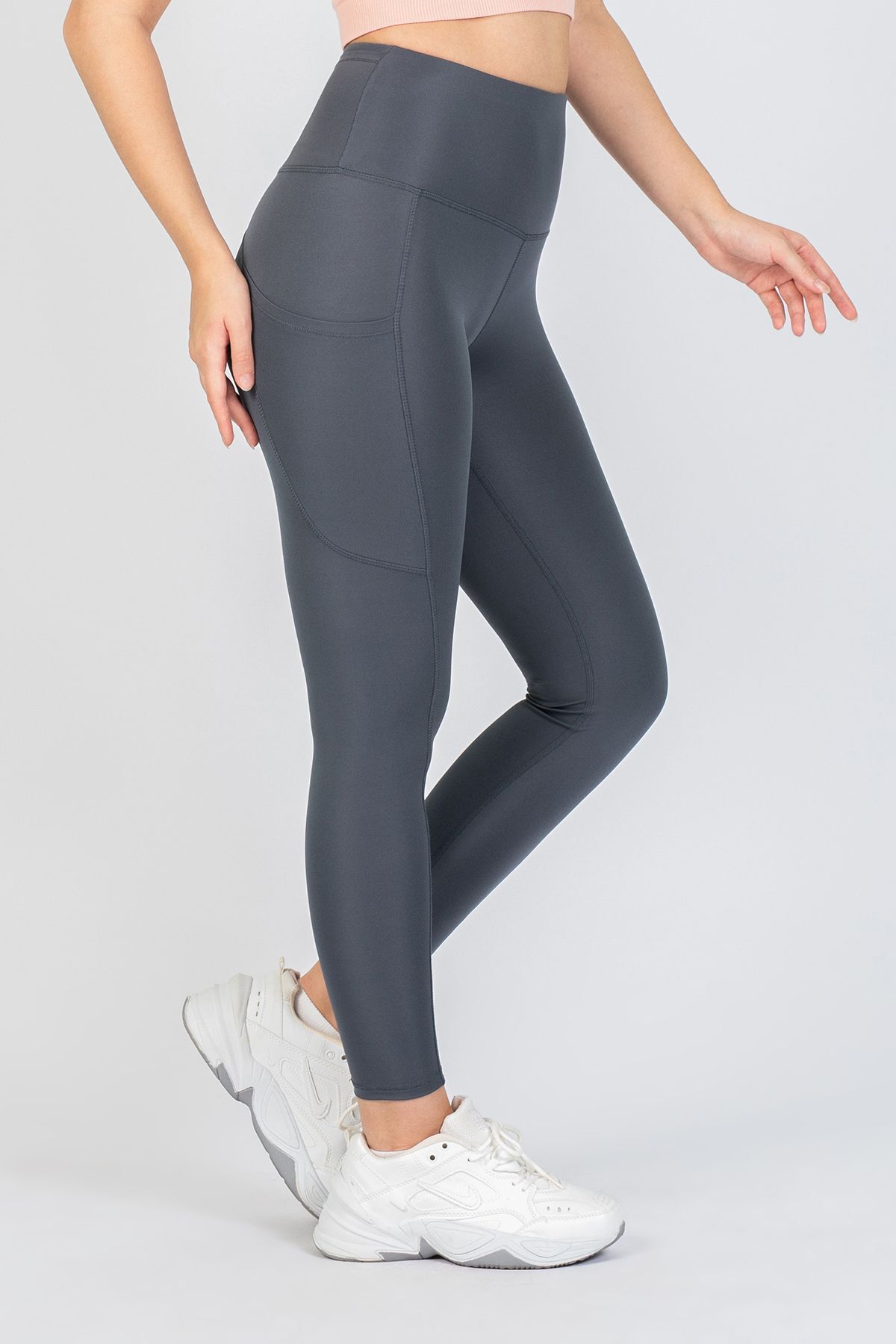 The Step Sports Colanți De Damă Gri Snc Cu Buzunar Lat Cu Talie Înaltă, Colanți Fermoși Yoga 25" Femeie - XS