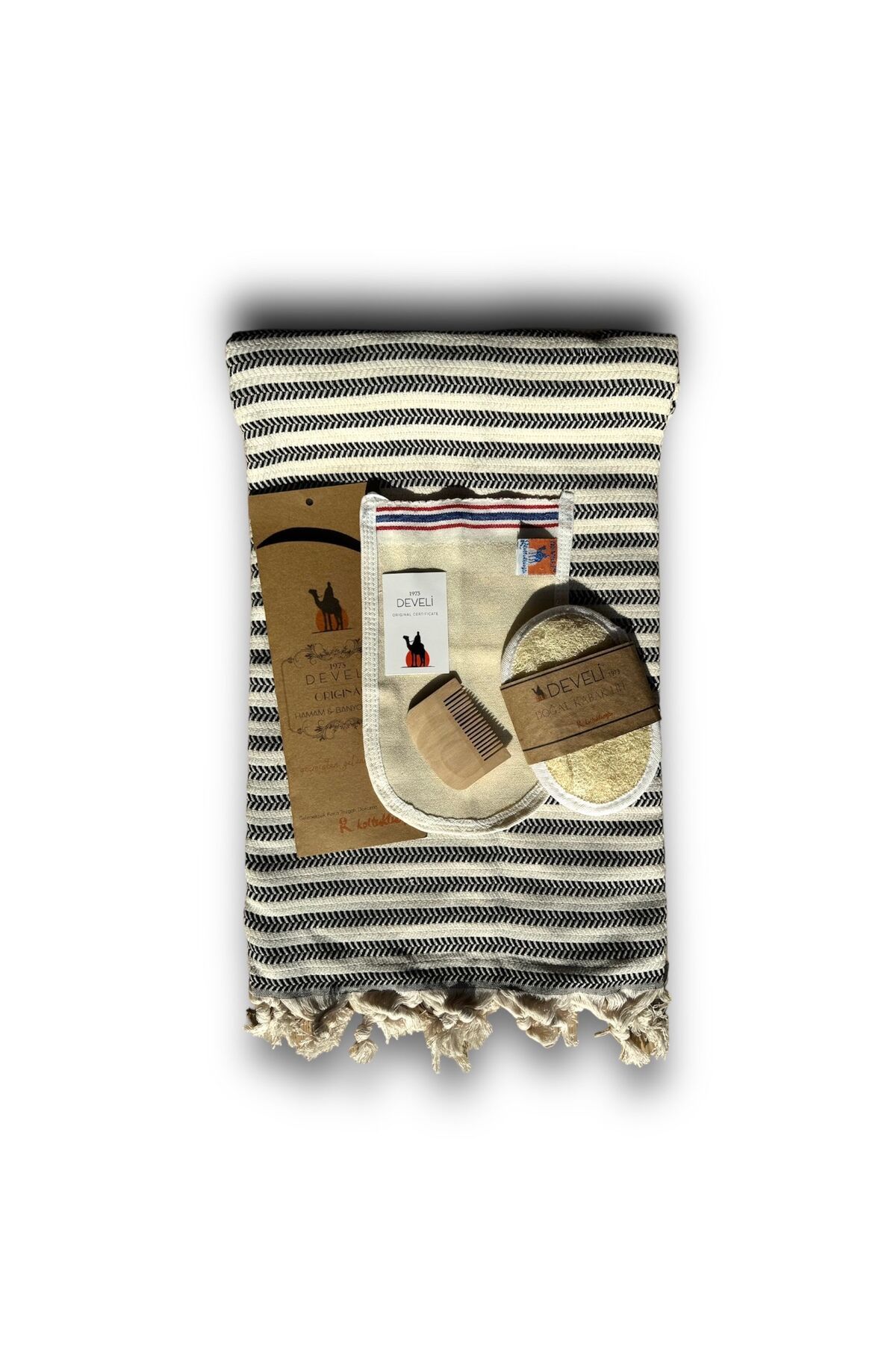 Develi-Bamboo Cotton Black Cream Beach and Bathroom Pestemal Set 2