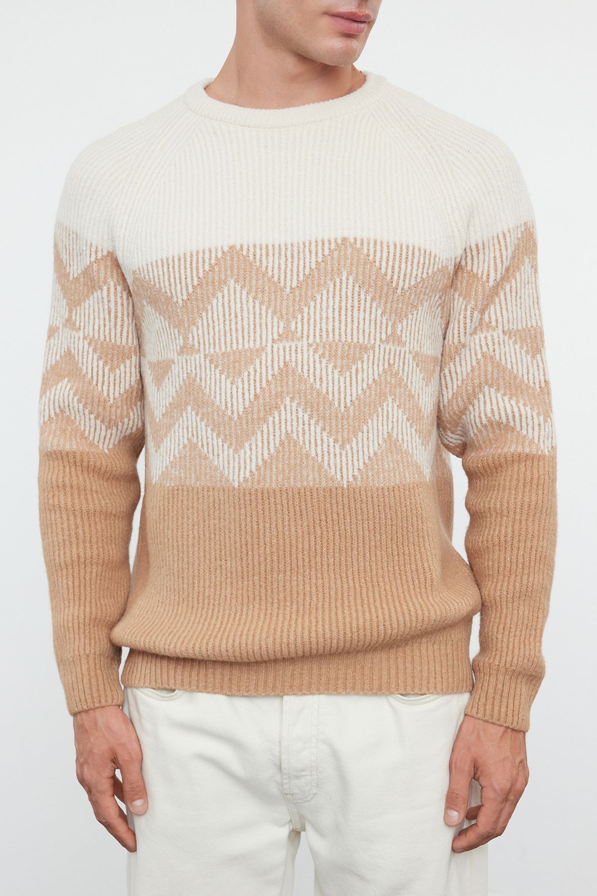 Edit by Trendyol-Sweter z dzianiny etnicznej – Camel Regularny okrągły dekolt TMNAW25KZ00030 3