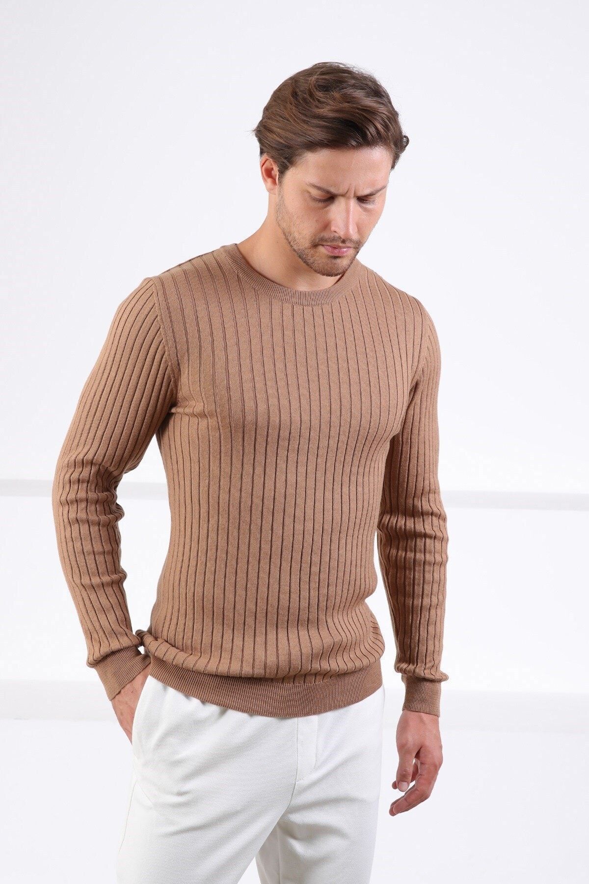 Ferraro-Camel Crew Neck Corded Men's Cotton Sweater 4