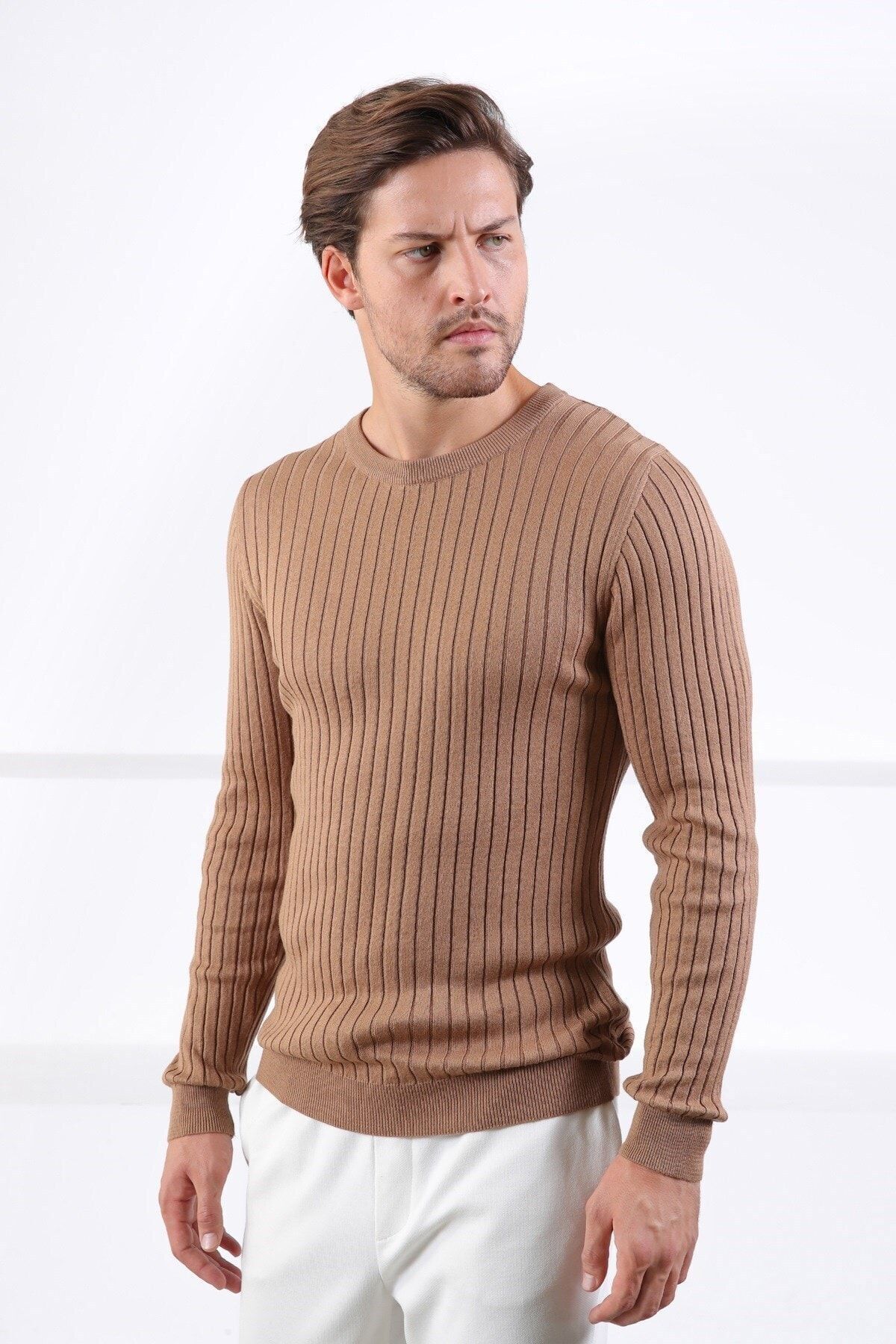 Ferraro-Camel Crew Neck Corded Men's Cotton Sweater 5