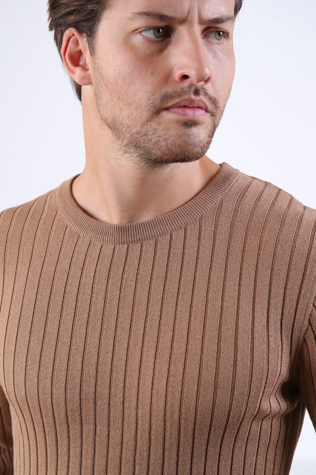 Ferraro-Camel Crew Neck Corded Men's Cotton Sweater 3