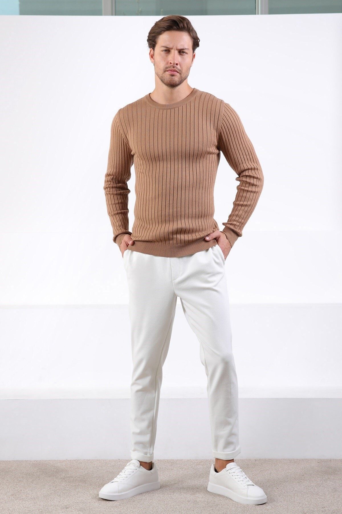 Ferraro-Camel Crew Neck Corded Men's Cotton Sweater 6