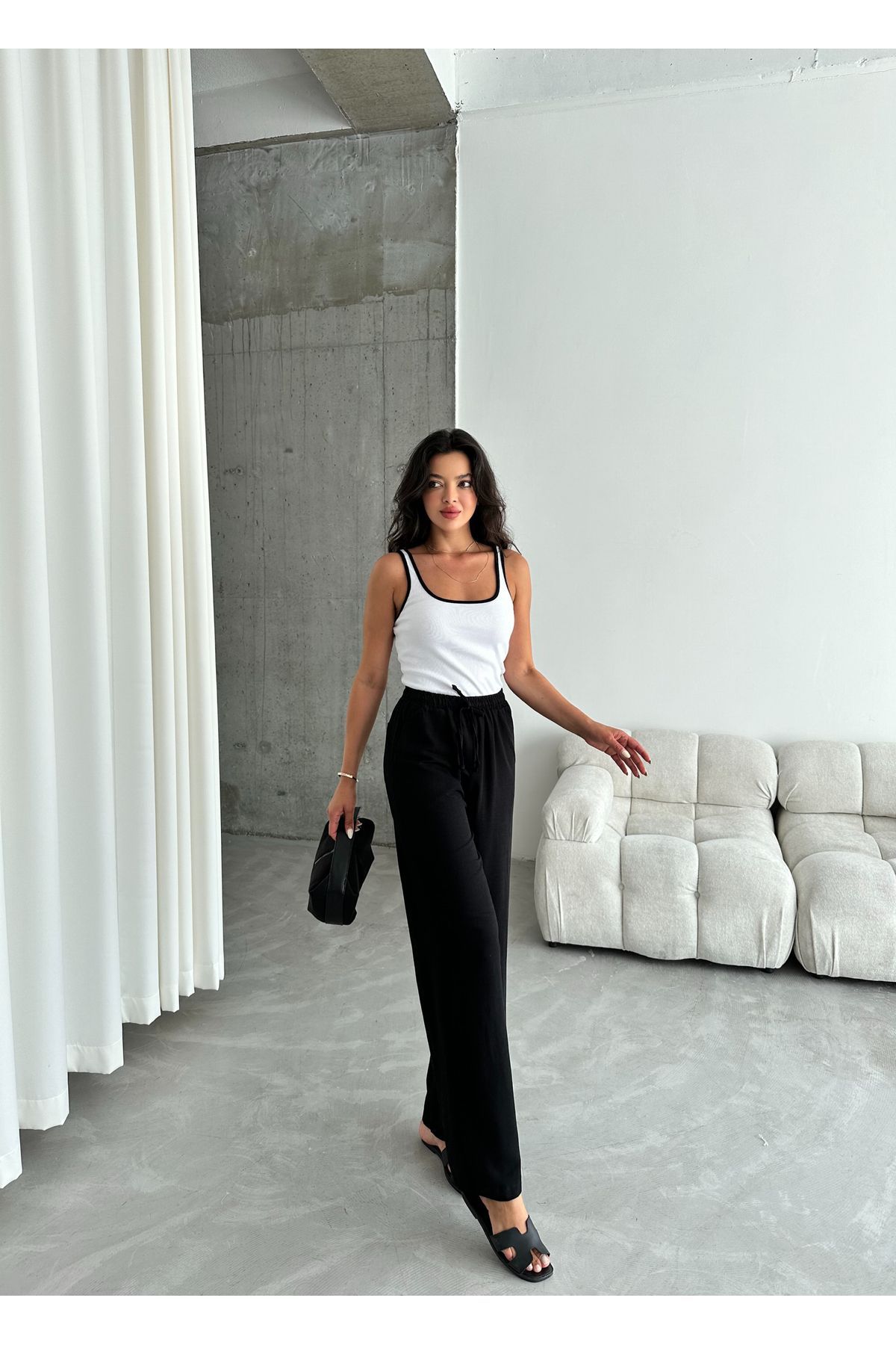 Laluvia-Schwarze Hose aus Baumwollleinen mit elastischem Bund 3490 4