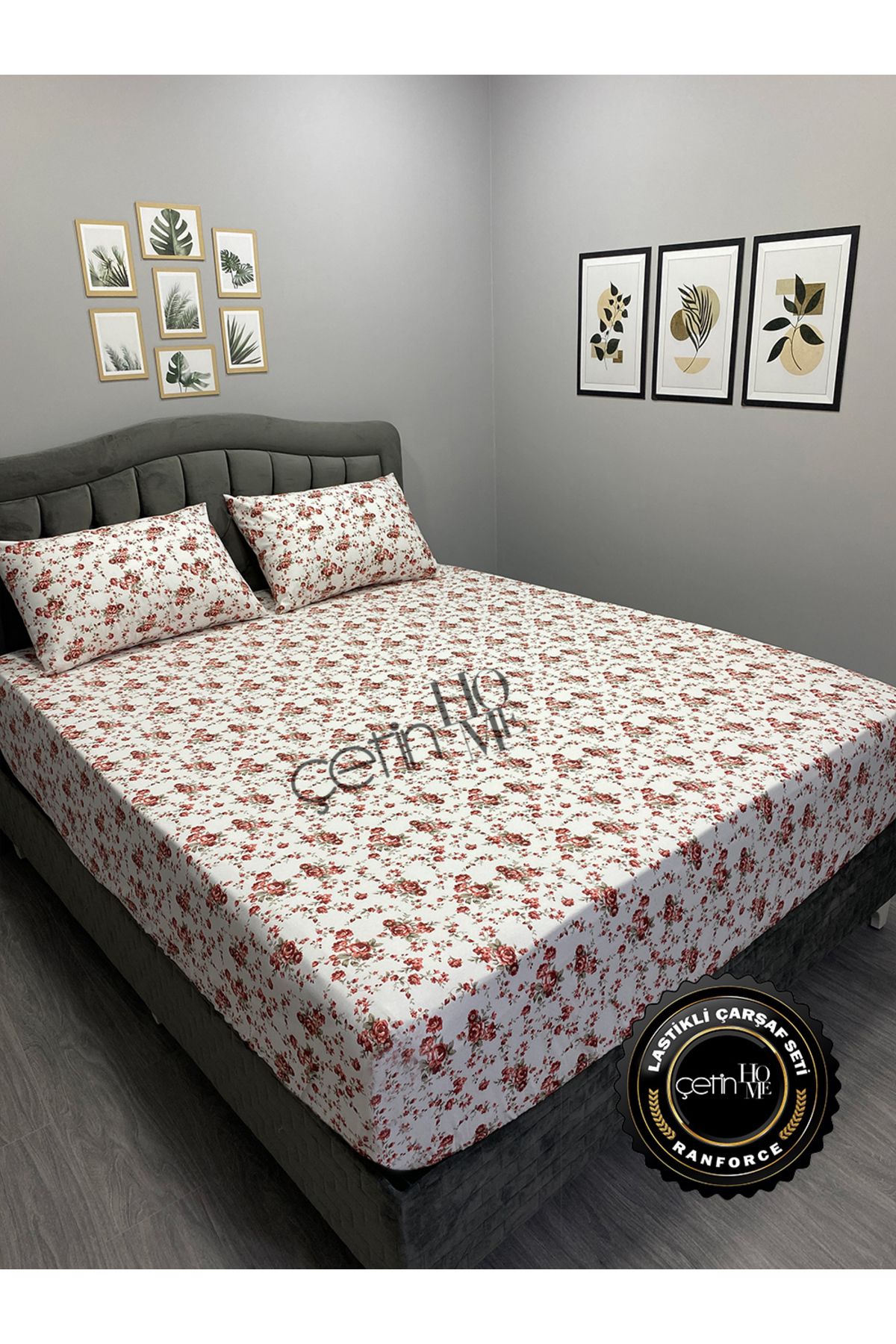 Çetinhome-Red Double and Oversized Gardenia Fitted Sheet Set 2