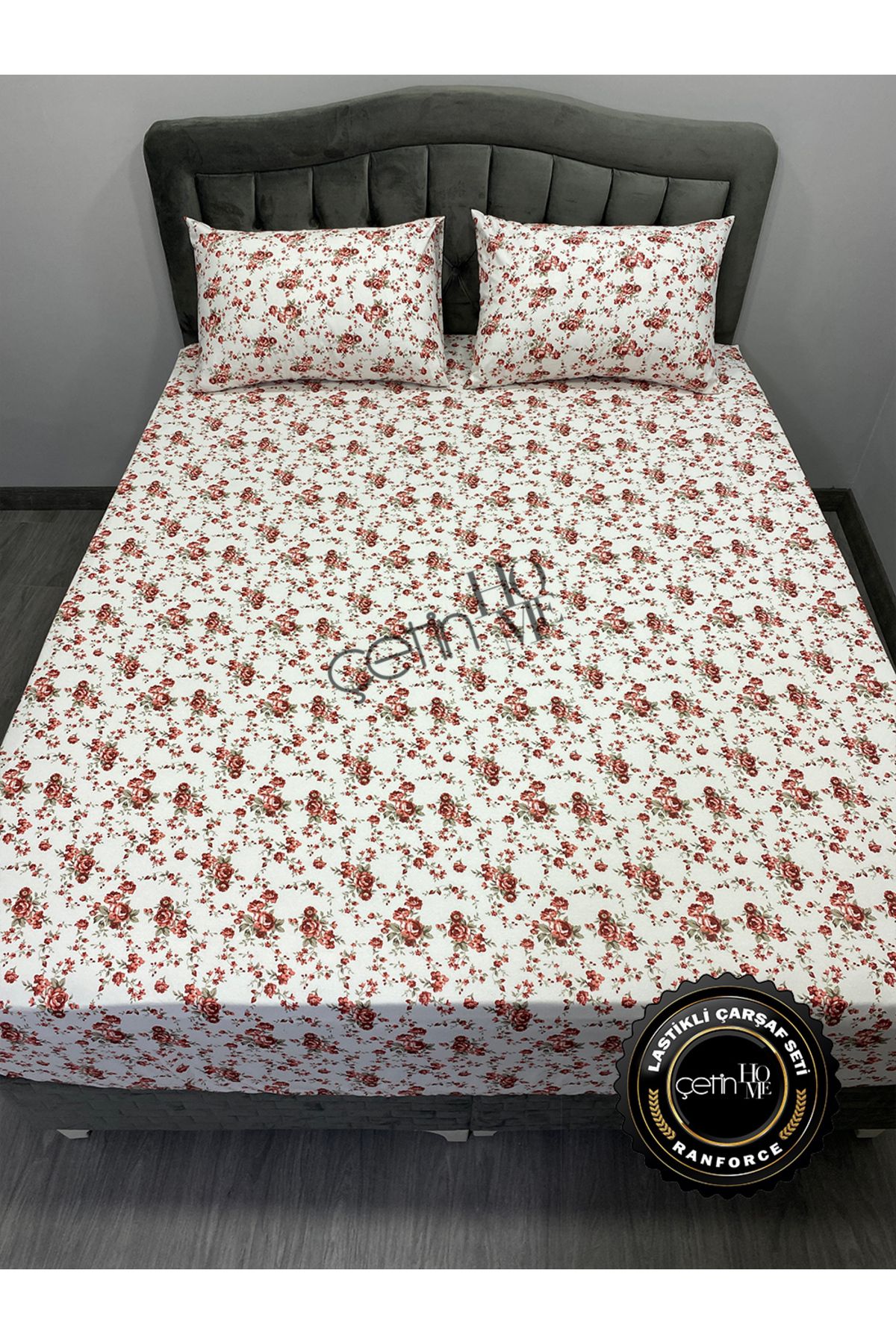 Çetinhome-Red Double and Oversized Gardenia Fitted Sheet Set 4
