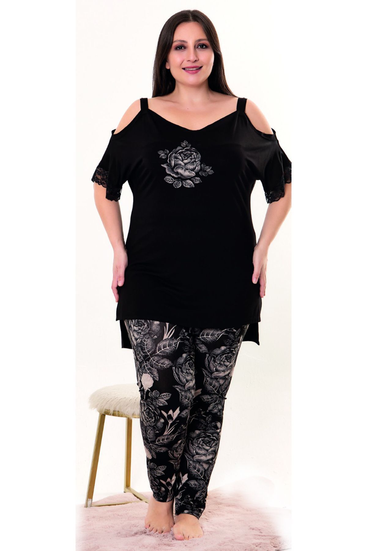 siyah renk çiçekli lady 10955 şık ve rahat büyük beden penye pijama takımı, 2xl-10955, büyük beden (battal boy) pijama takımları, Erdeniz