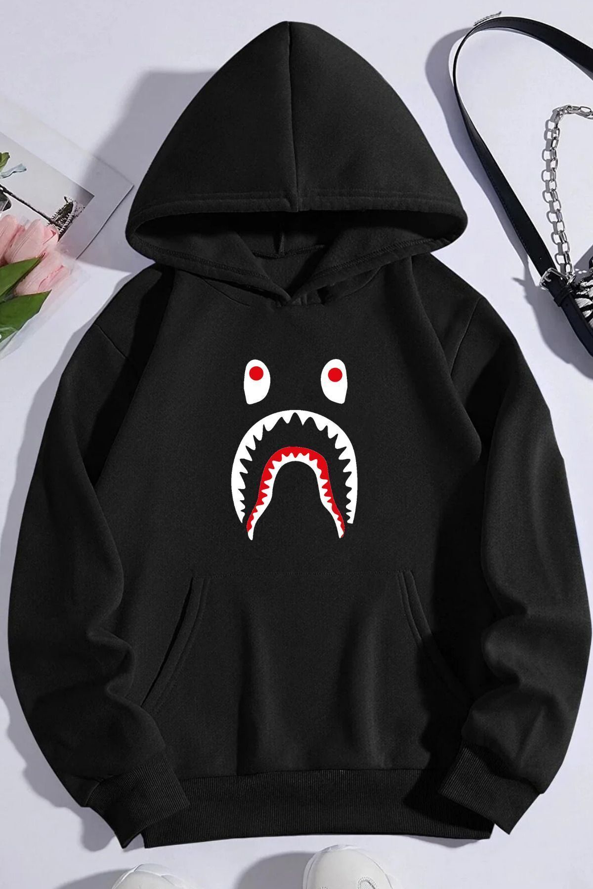 NoVibe-Hanorac oversize cu glugă, unisex, cu imprimeu Bape Shark 1