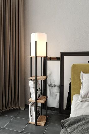 MARKADEKOR Siyah Ayaklı Ahşap Raflı Lambader