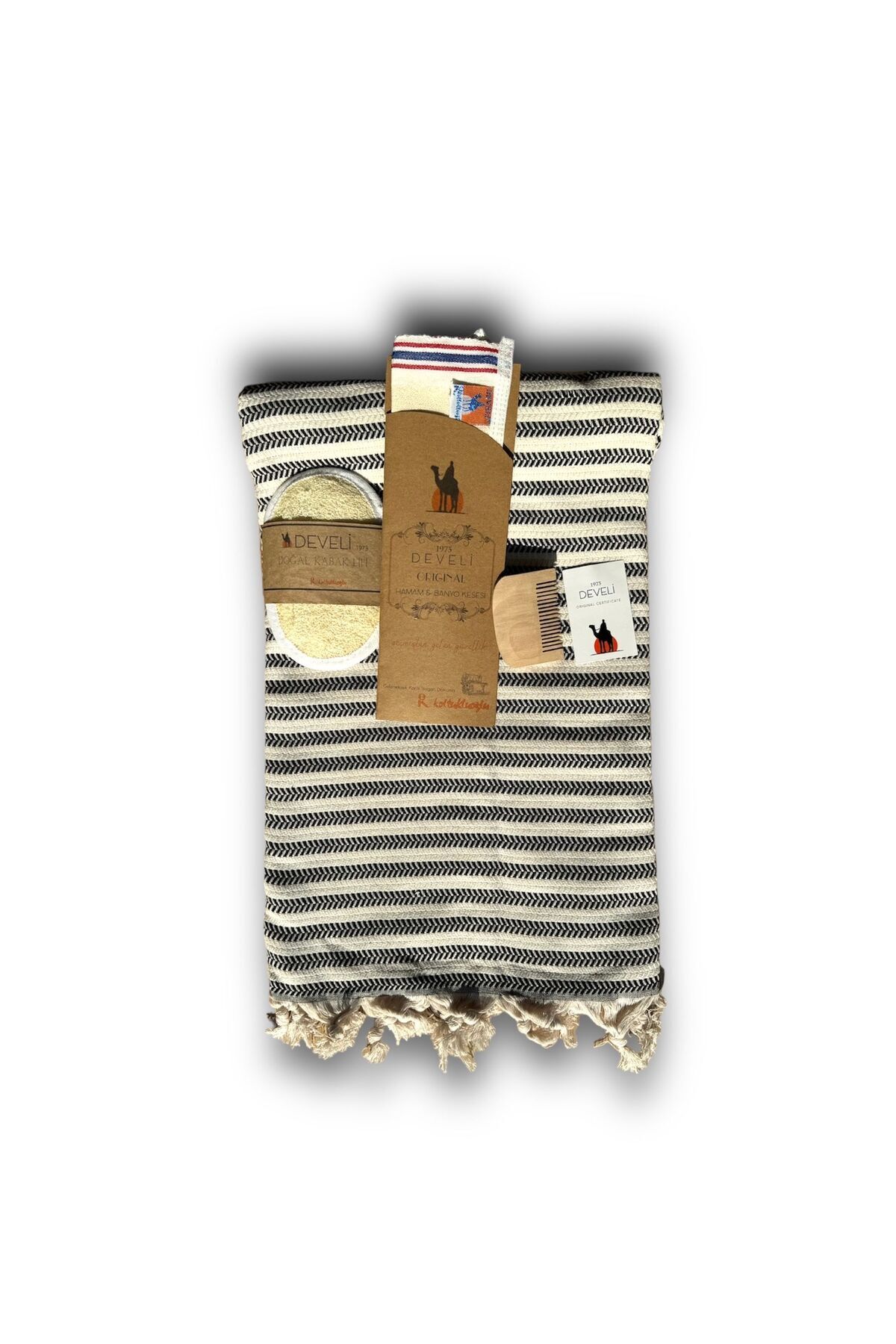 Develi-Bamboo Cotton Black Cream Beach and Bathroom Pestemal Set 3