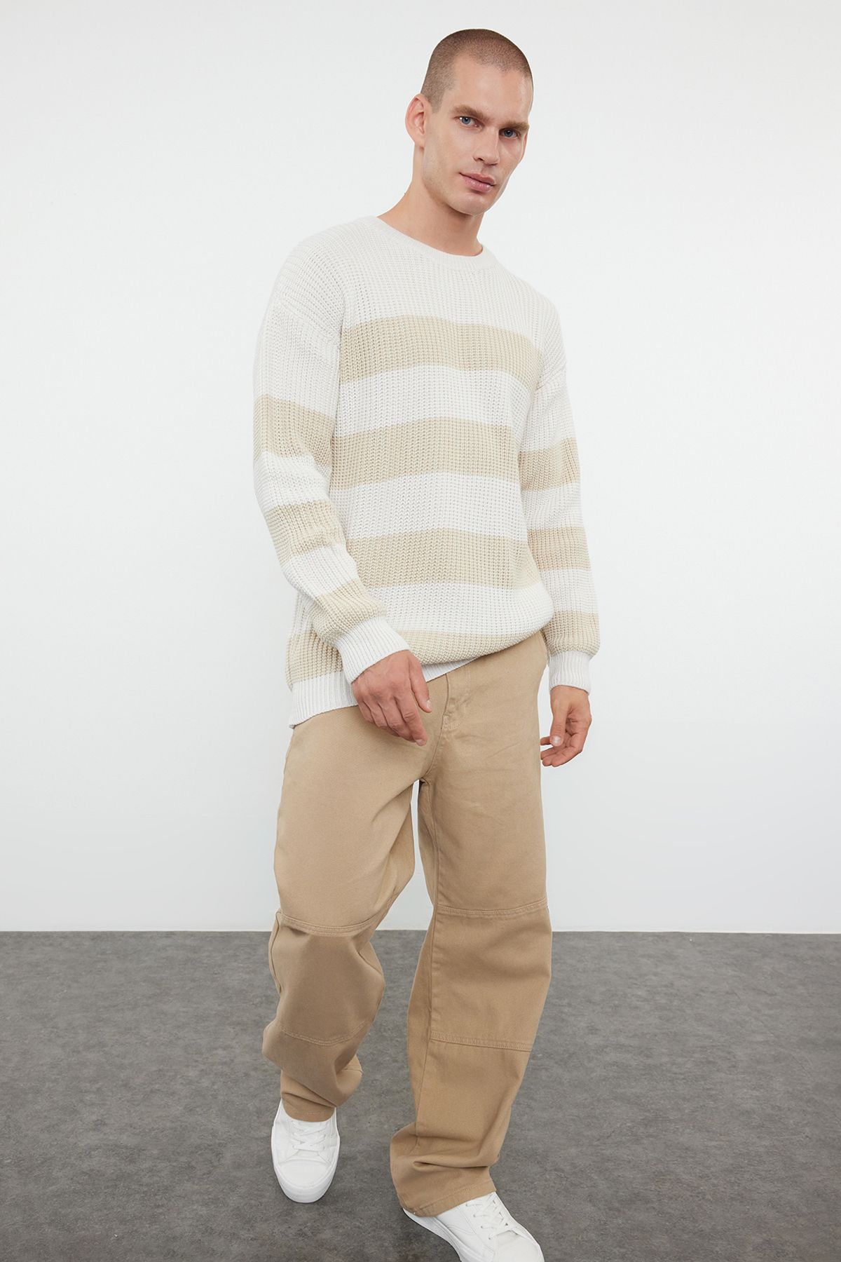 Trendyol Collection-Oversize Double Crew Neck Striped Knitwear Sweater - Tmnaw23Kz00106 3