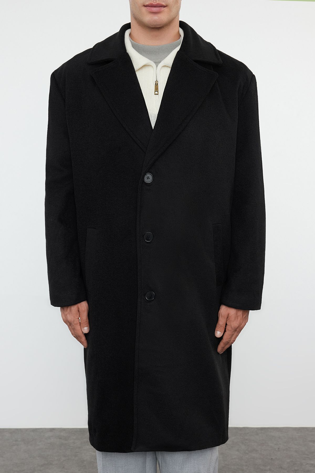 Trendyol Collection-Ανδρικό Oversize χειμερινό παλτό με γραμματόσημα - Μάλλινο ανάμεικτο μαύρο TMNAW25KB00004 3