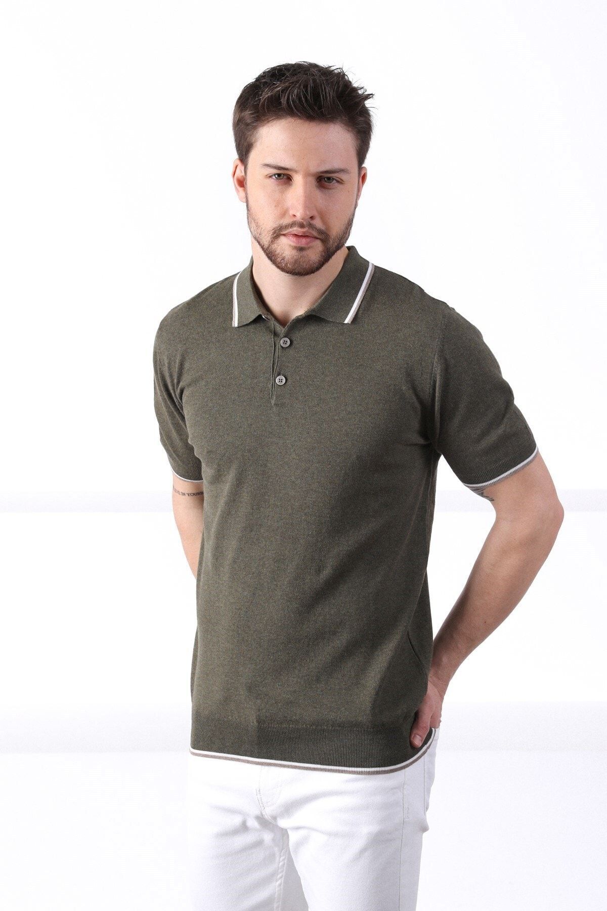 Khaki/white Neck Striped Buttoned 100% Cotton Men's Knitwear T-shirt
