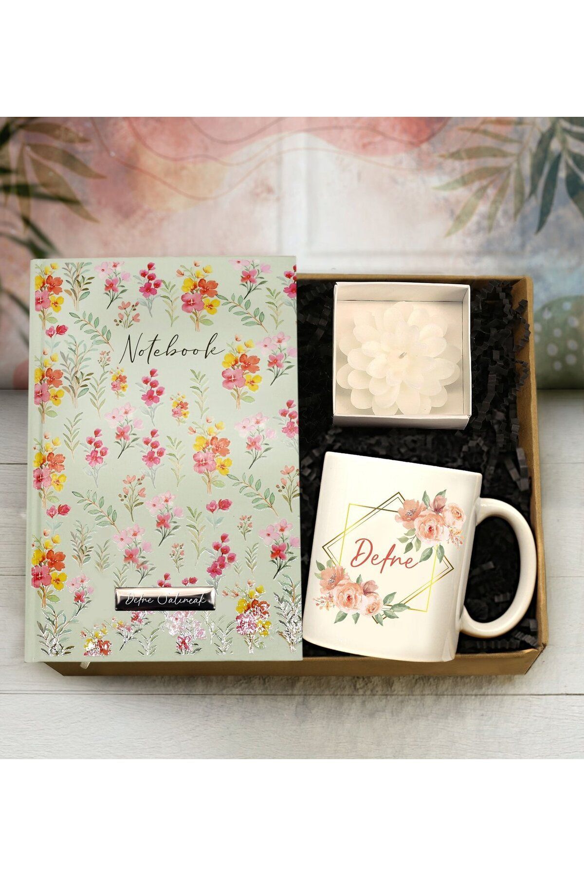 Personalized Patterned Notebook & Personalized Flower Designed Mug & Decorative Candle Gift Set
