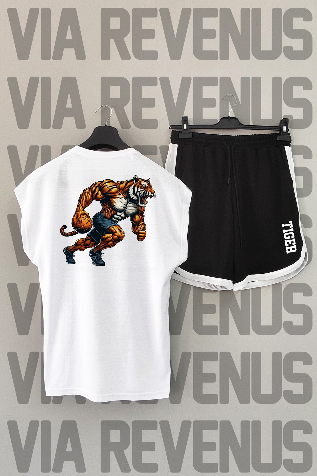 Vordevia Set Sport Pentru Baschet Tiger - Tricouri Și Pantaloni Scurți Cu Imprimeu În Spate Alb Și Negru Unisex - XL
