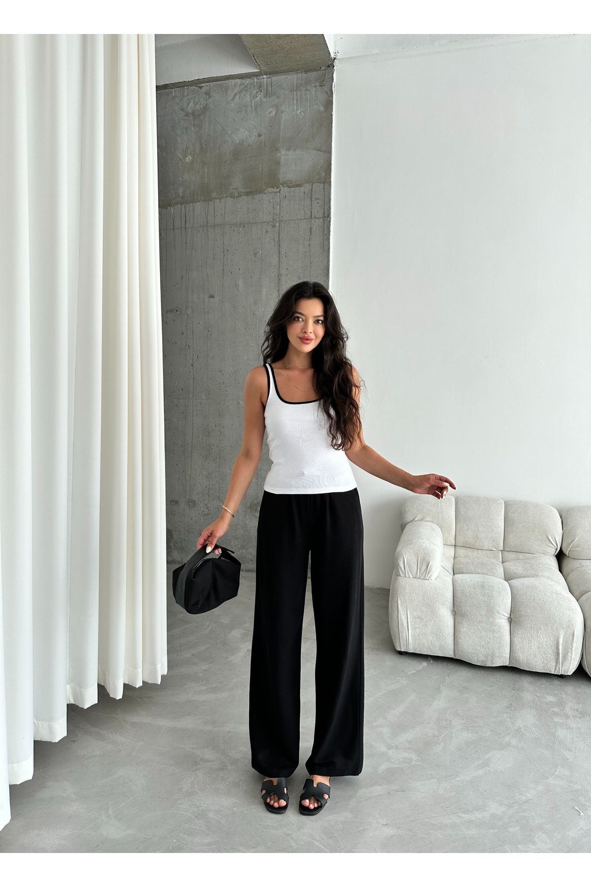 Laluvia-Schwarze Hose aus Baumwollleinen mit elastischem Bund 3490 3