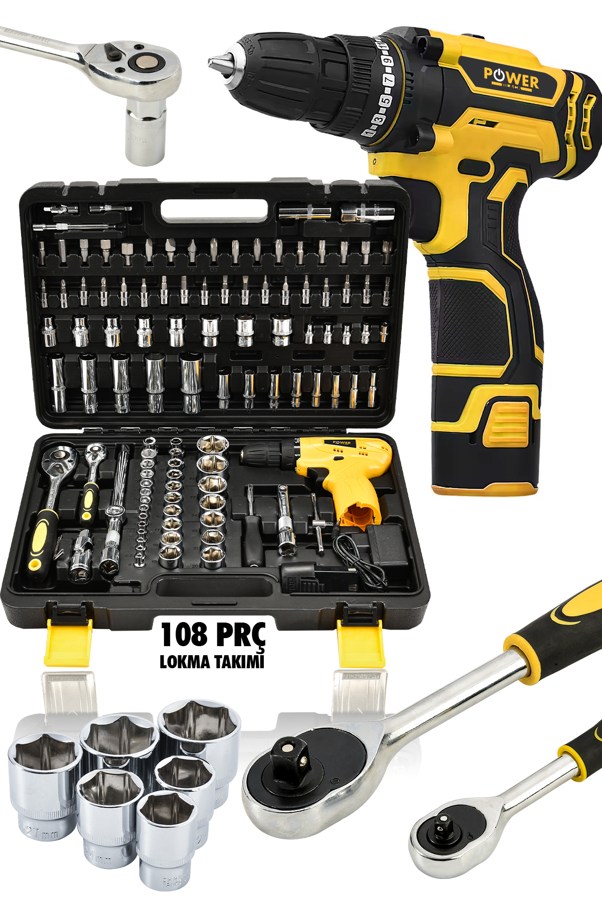 POWER BLACK Korumalı Çelik Şanzuman ŞARJLI Matkap 108 Pcs Crv Çeliği Profesyonel Parlak Lokma Takımı HEDİYELİ