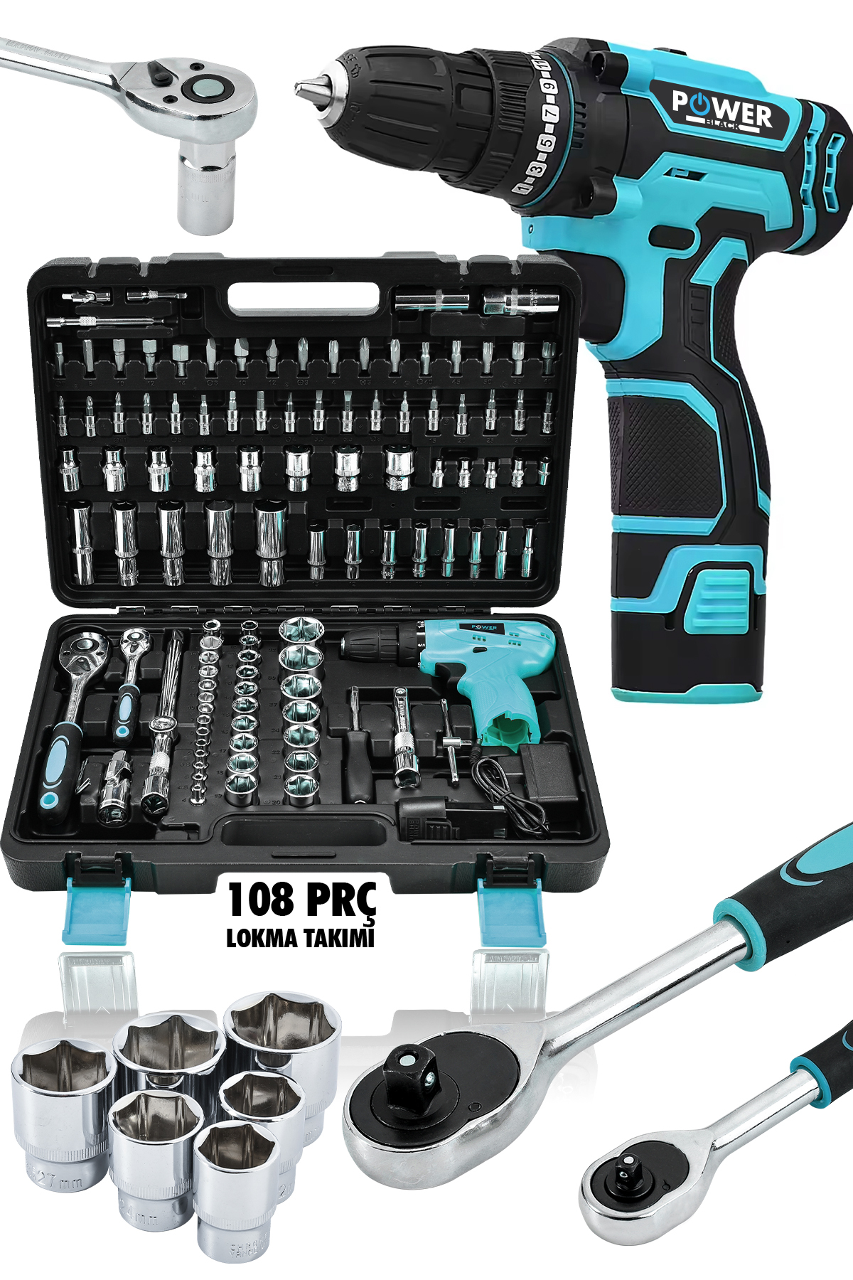 POWER BLACK Korumalı Çelik Şanzuman ŞARJLI Matkap 108 Pcs Crv Çeliği Profesyonel Parlak Lokma Takımı HEDİYELİ