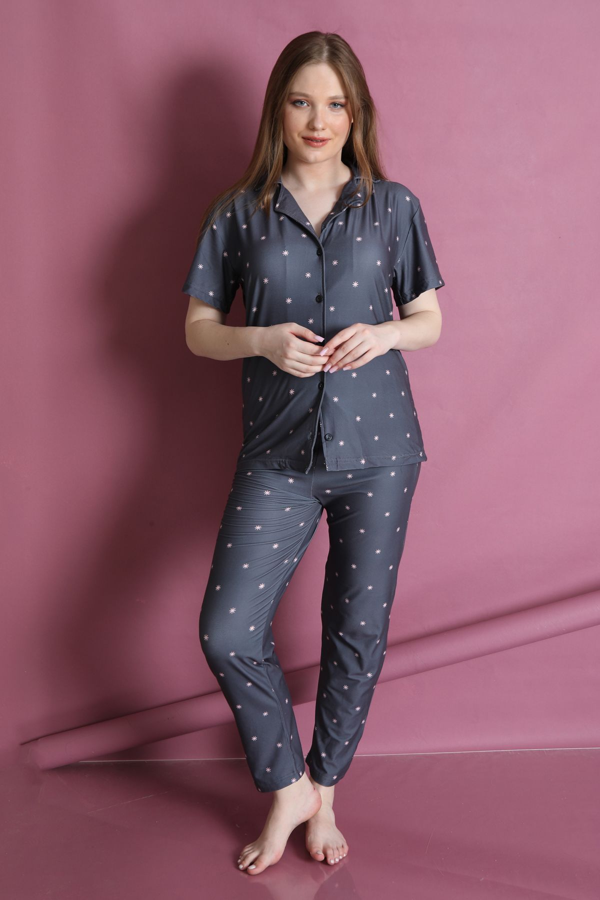 FAMES PİJAMA-Set de pijamale de damă cu model Lycra - cu nasturi 3