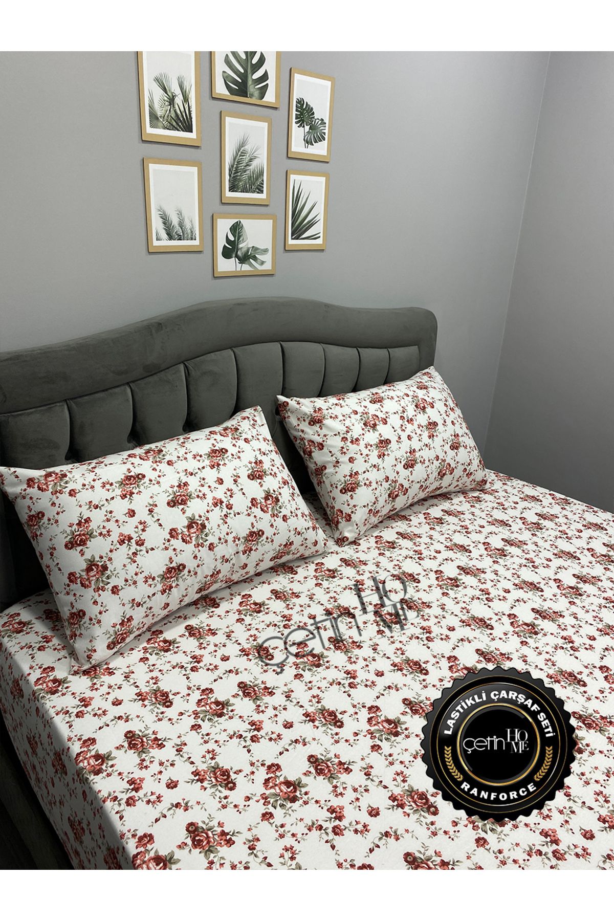 Çetinhome-Red Double and Oversized Gardenia Fitted Sheet Set 6