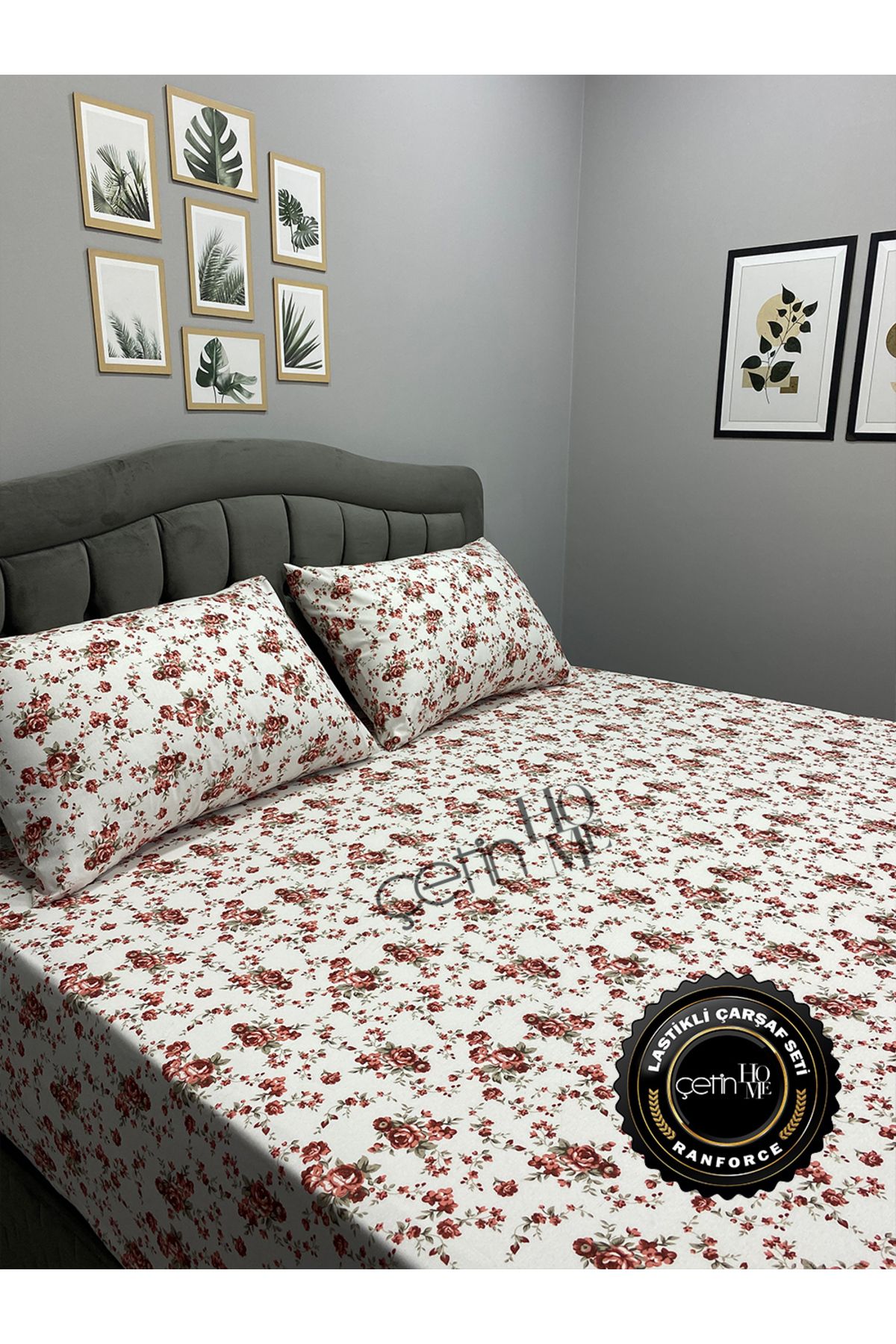 Çetinhome-Red Double and Oversized Gardenia Fitted Sheet Set 5
