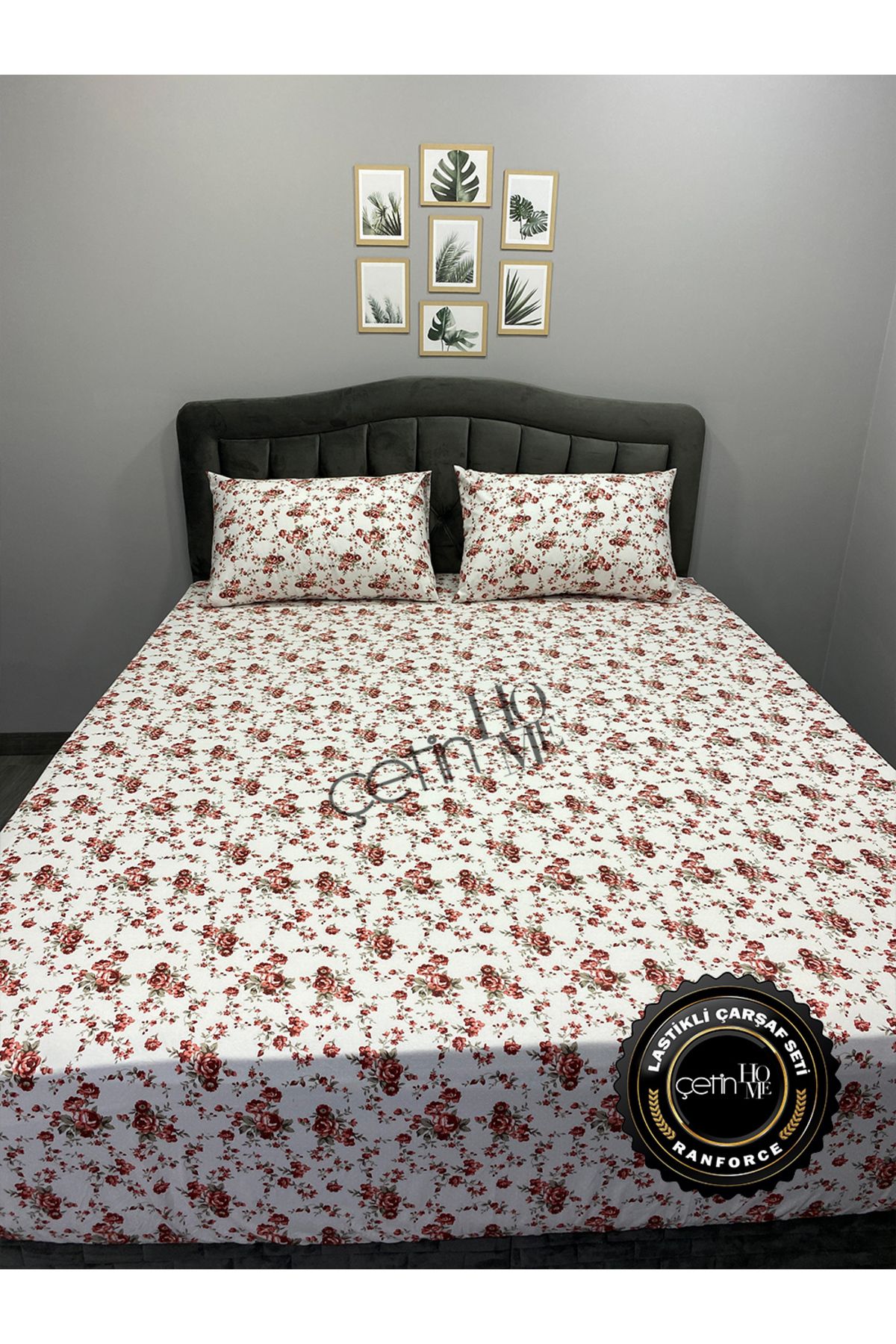 Çetinhome-Red Double and Oversized Gardenia Fitted Sheet Set 3