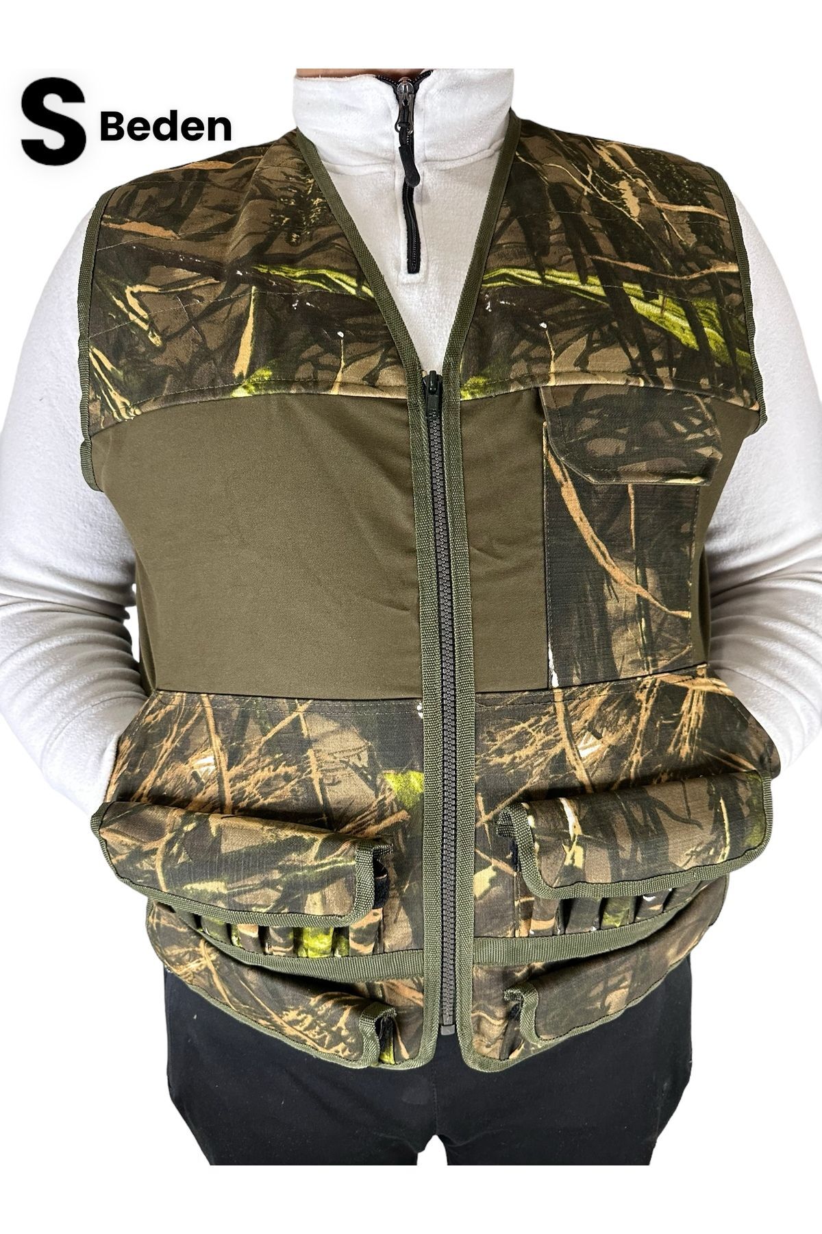 UYĞURCA S Beden Avcı Yeleği - 30 Fişek Kapasiteli - Haki üzerine Yeşil Ağaç Desen Kumaş