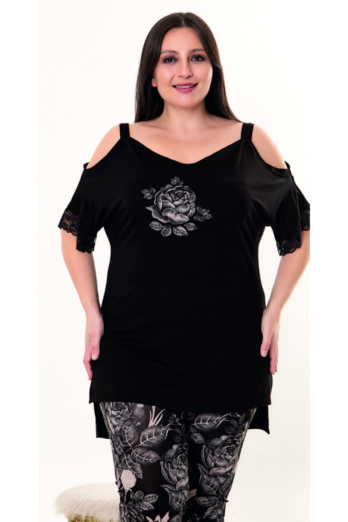 siyah renk çiçekli lady 10955 şık ve rahat büyük beden penye pijama takımı, 2xl-10955, büyük beden (battal boy) pijama takımları, Erdeniz