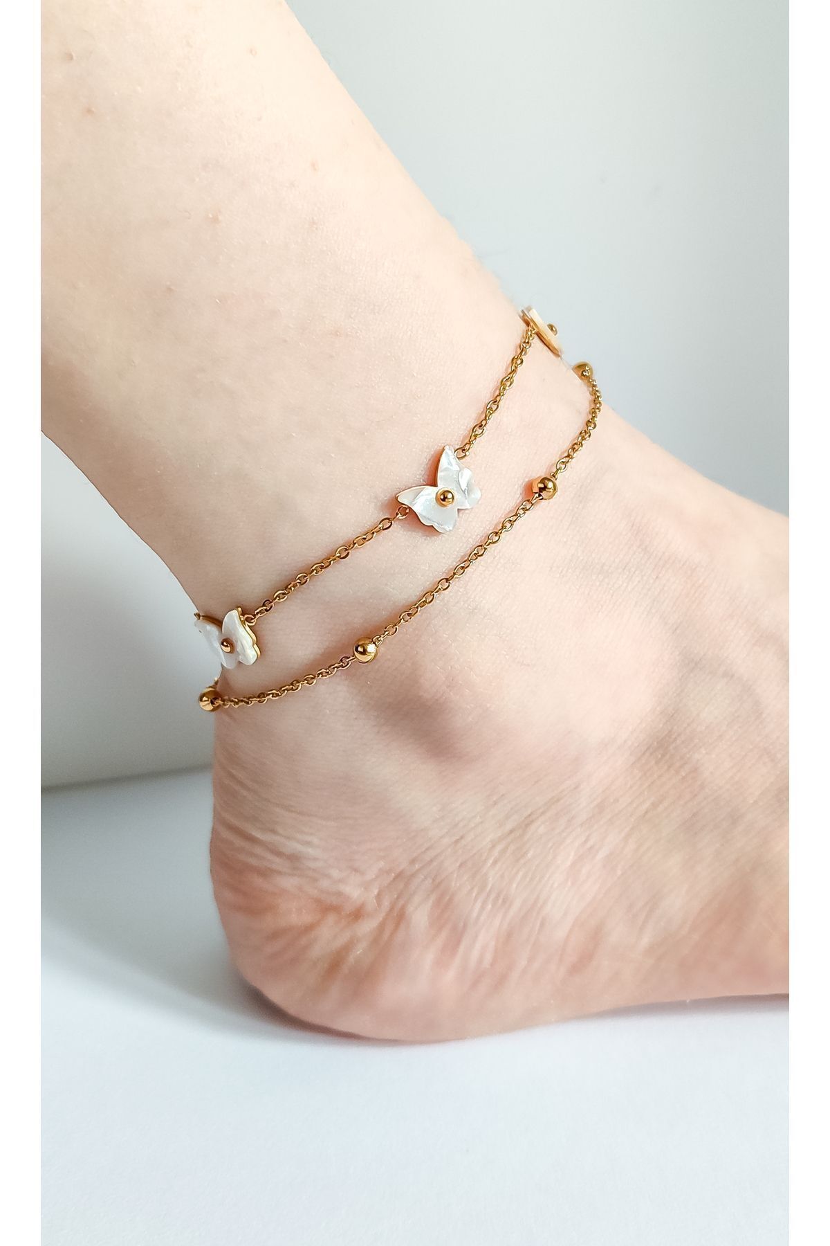 Dorikalı Sedefli Kelebek 14 Ayar Altın Kaplama Çelik Çoklu Halhal