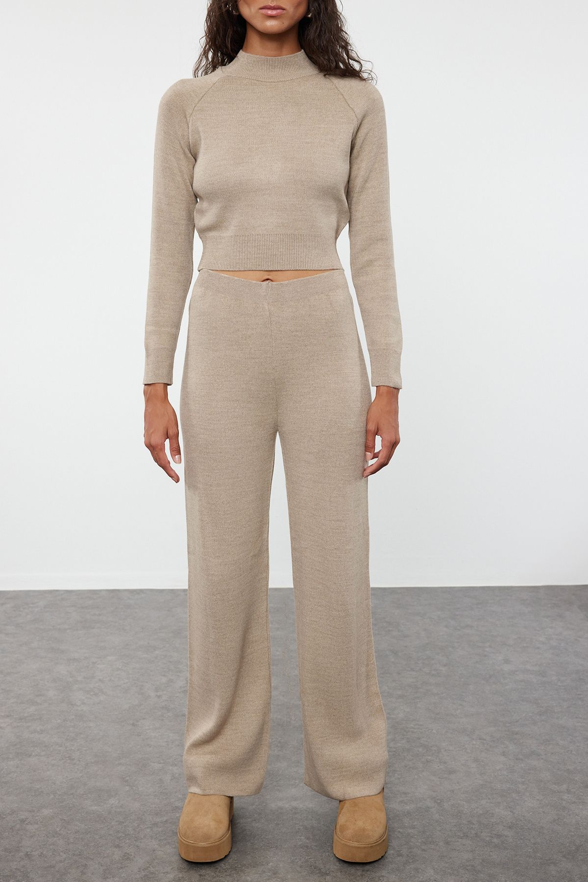 Trendyol Collection-Mink Crop Basic Knitwear Bottom-Top Set TWOAW24AU00024 3