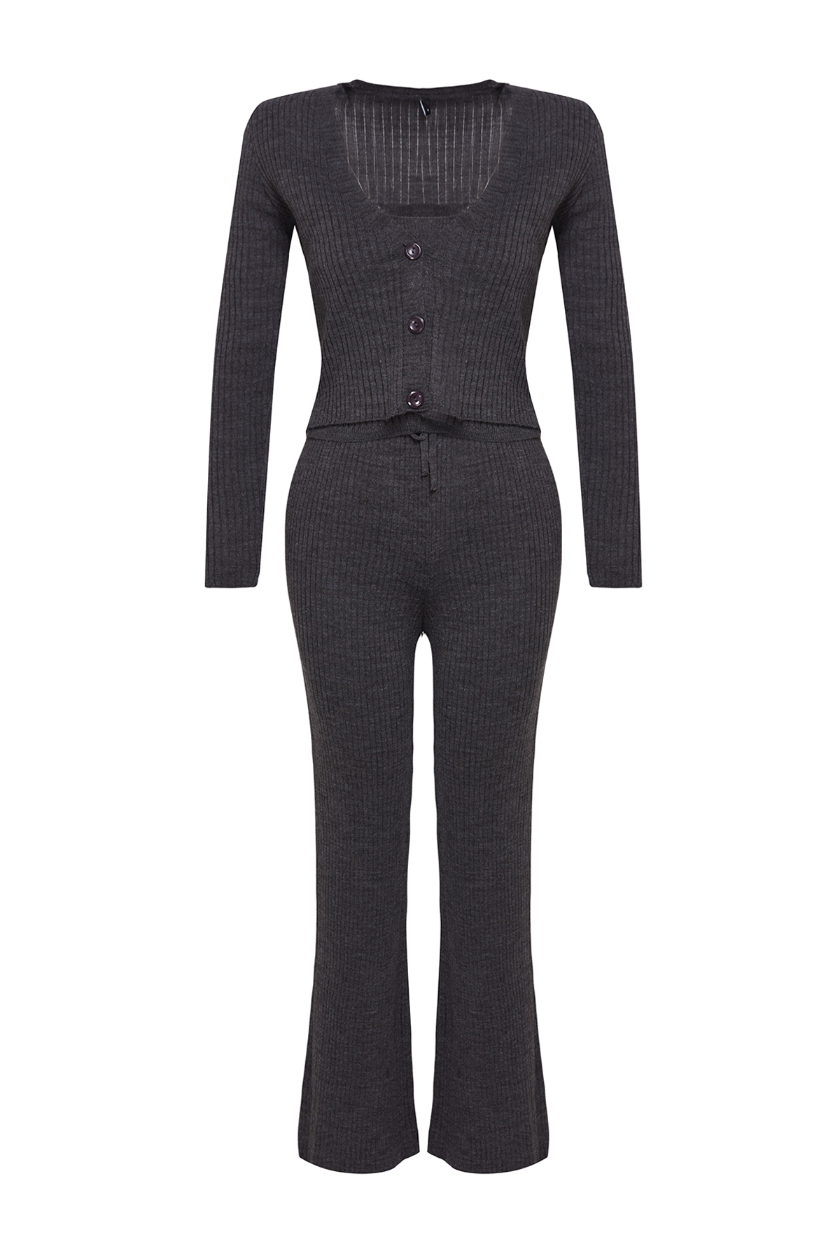 Trendyolmilla  Antrasit Fitillli Bluz Hırka Pantolon Triko Alt-Üst Takım TWOAW22AU0006 - Görsel 6