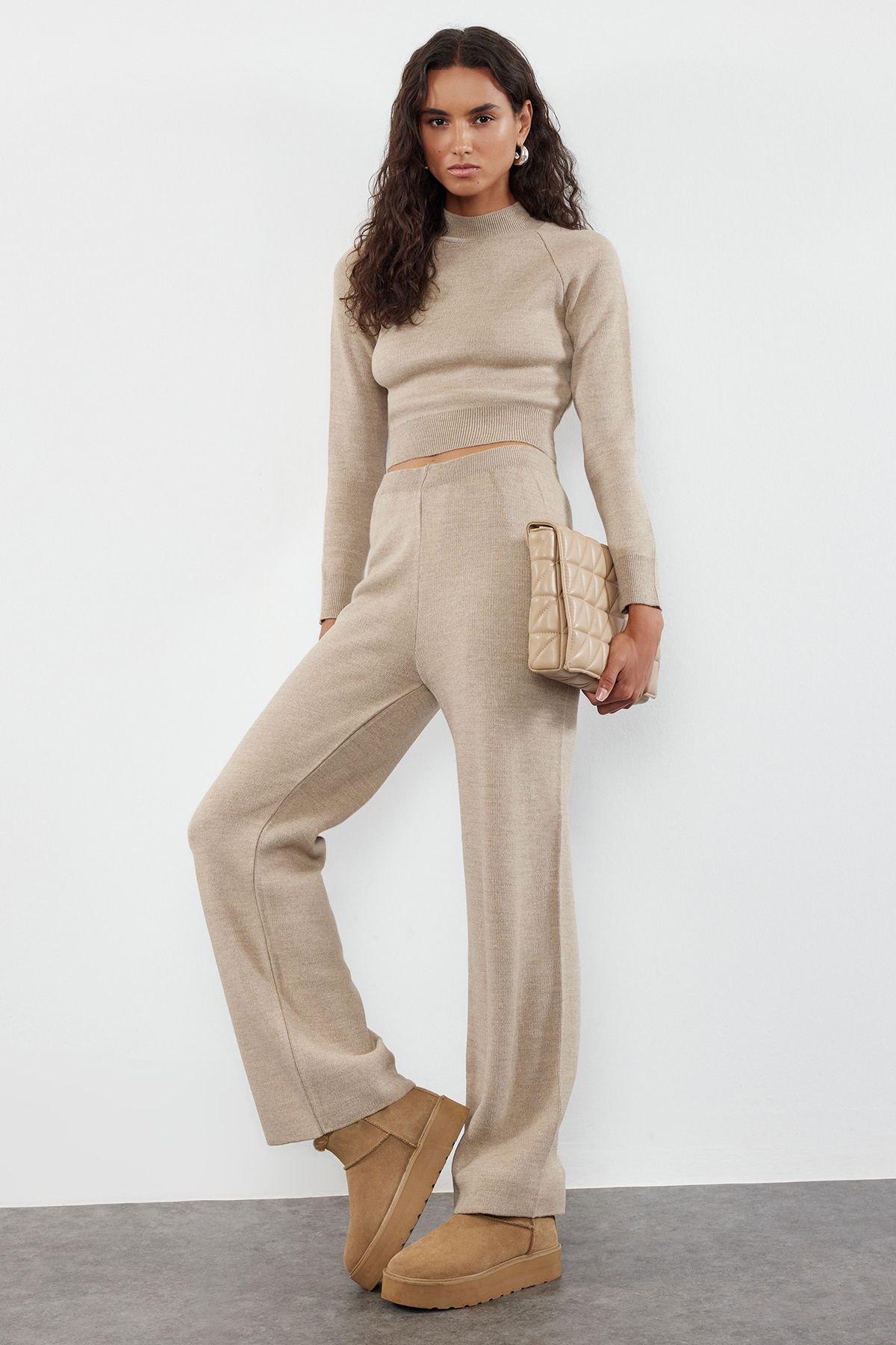 Trendyol Collection-Mink Crop Basic Knitwear Bottom-Top Set TWOAW24AU00024 2