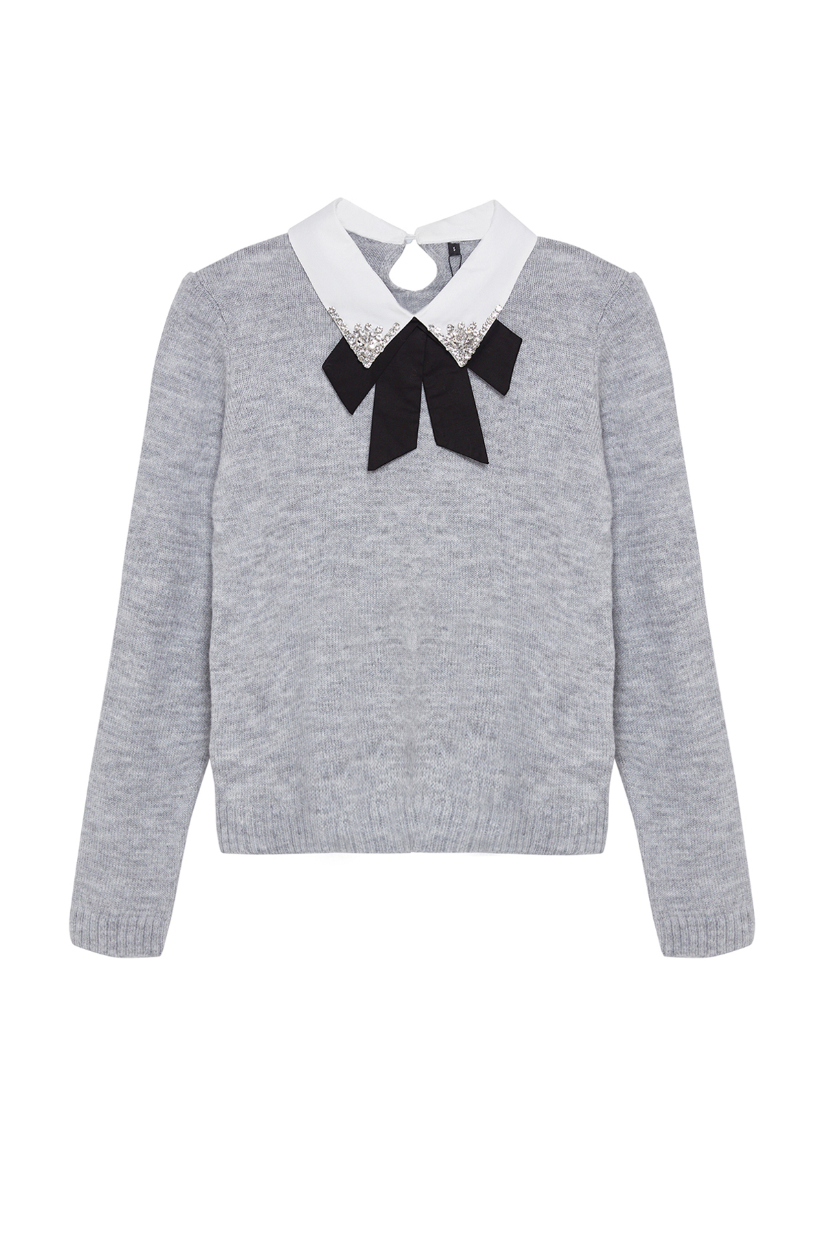 Trendyolmilla  Gri Yumuşak Dokulu Gömlek Garnili Kurdele/Fiyonk Detaylı Taşlı Triko Kazak TWOAW25KZ00035 - Görsel 6