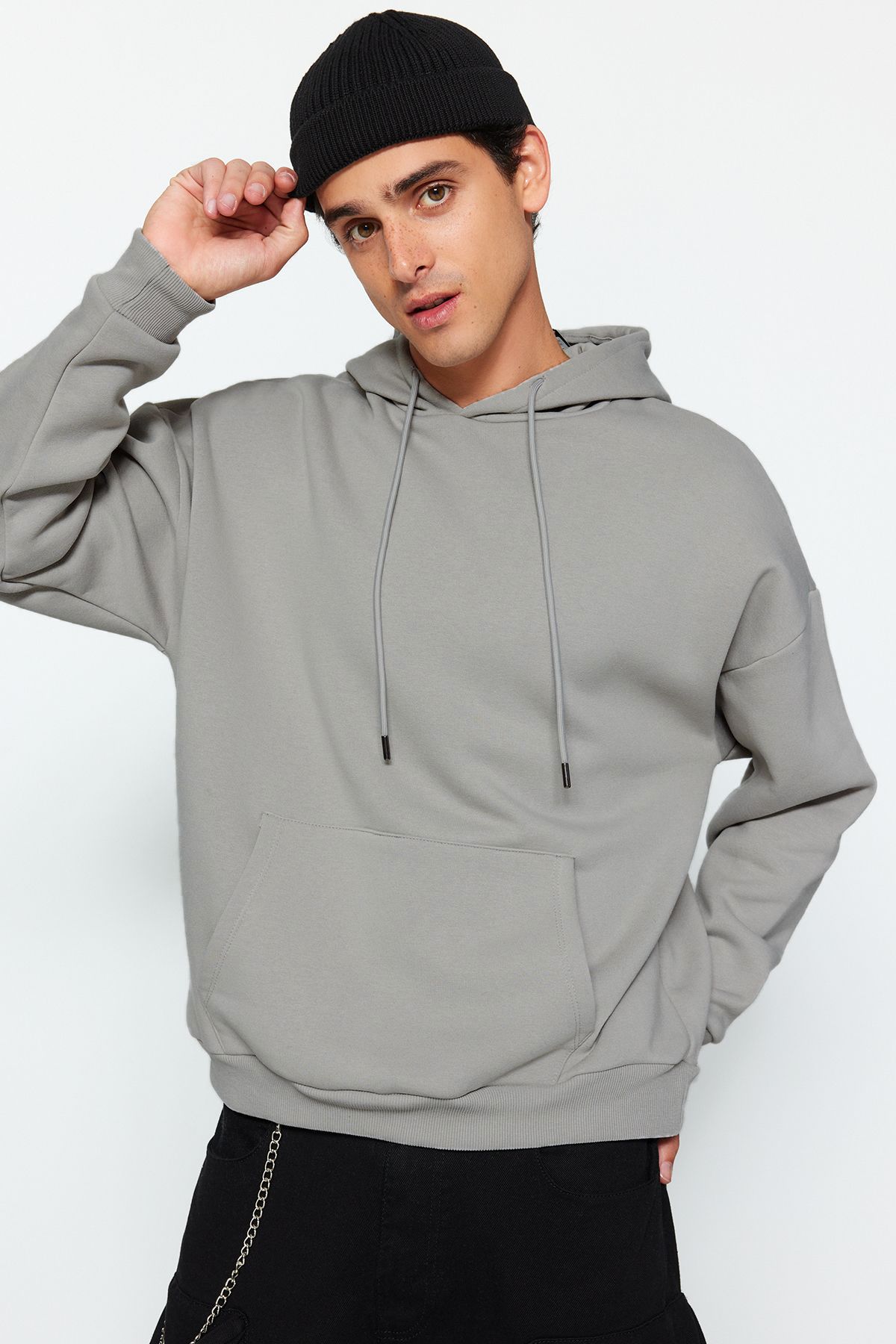 Trendyol Collection Polarowa Szara Bluza Z Kapturem Oversize - Edycja Limitowana Tmnaw24sw00186 Mężczyzna - S