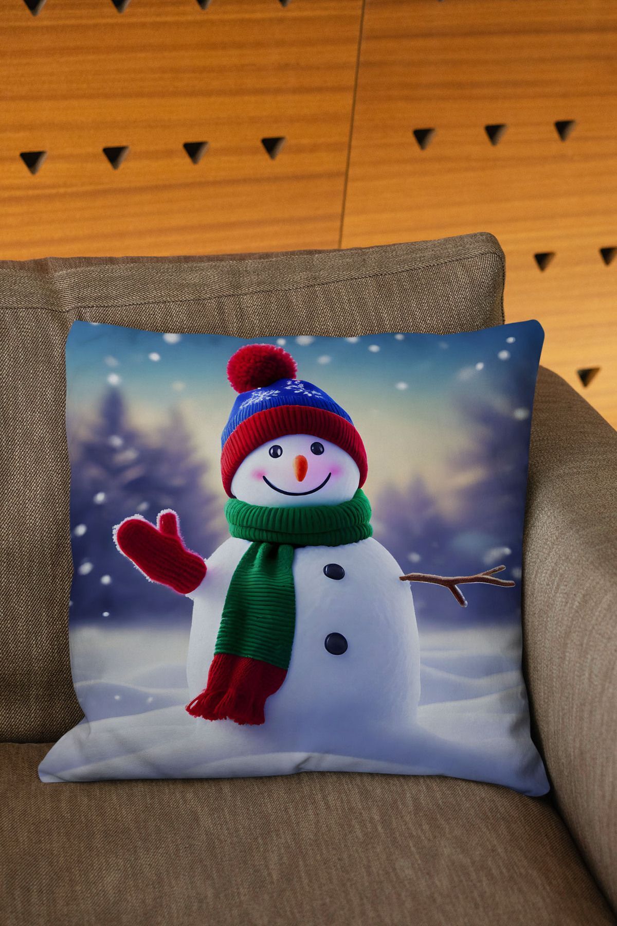 White Blue Color Digital Printed Cushion Cover with Christmas Theme Snowman Figure