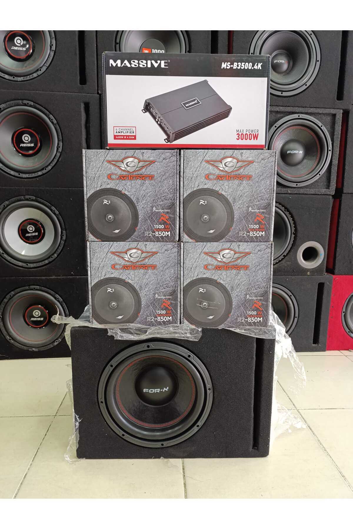 FORX5 SET!! 30 CM FOR-XX KABİNLİ BAS, 4 ADET CADENCE R2-850M KURŞUN GÖBEK 20 CM MİDRANGE MS-B3500.4K AMFİ