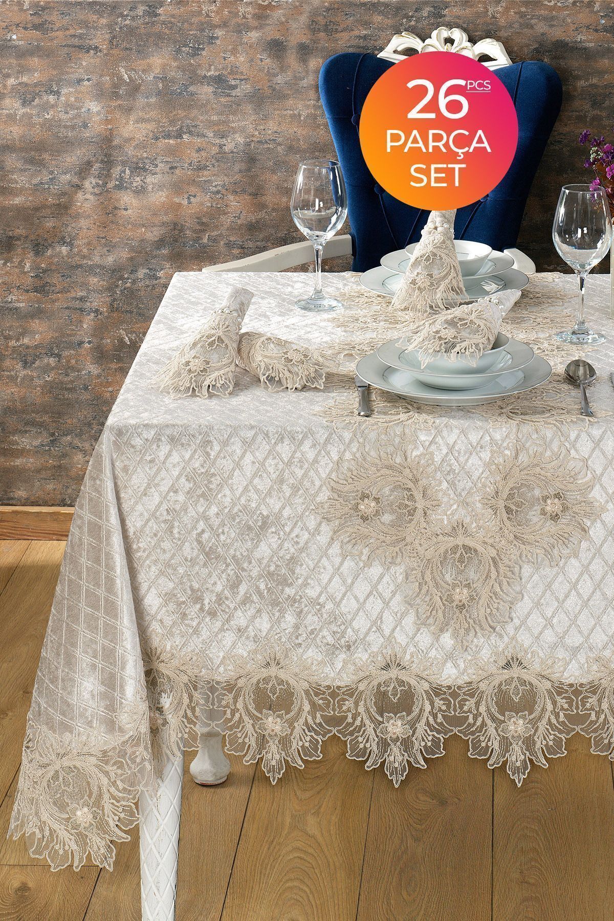 Velvet Luxury Tablecloth Set Lacy Guipure Grand Cappuccino