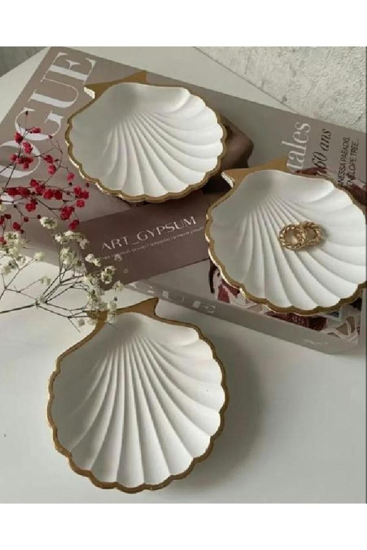 Best Home Design 3Adet Gold Detaylı Istiridye Küpe Kolye Saat Yüzük Takı nişan yüzüğü tabağı Foto Dekoratif Organizer