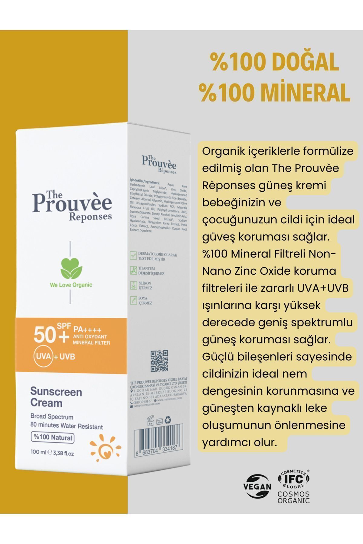 The Prouvee Reponses %100 Doğal 50+SPF Yüz Vücut Organik Güneş Koruyucu Krem 100 ml fotoğrafı 6 (önizleme)