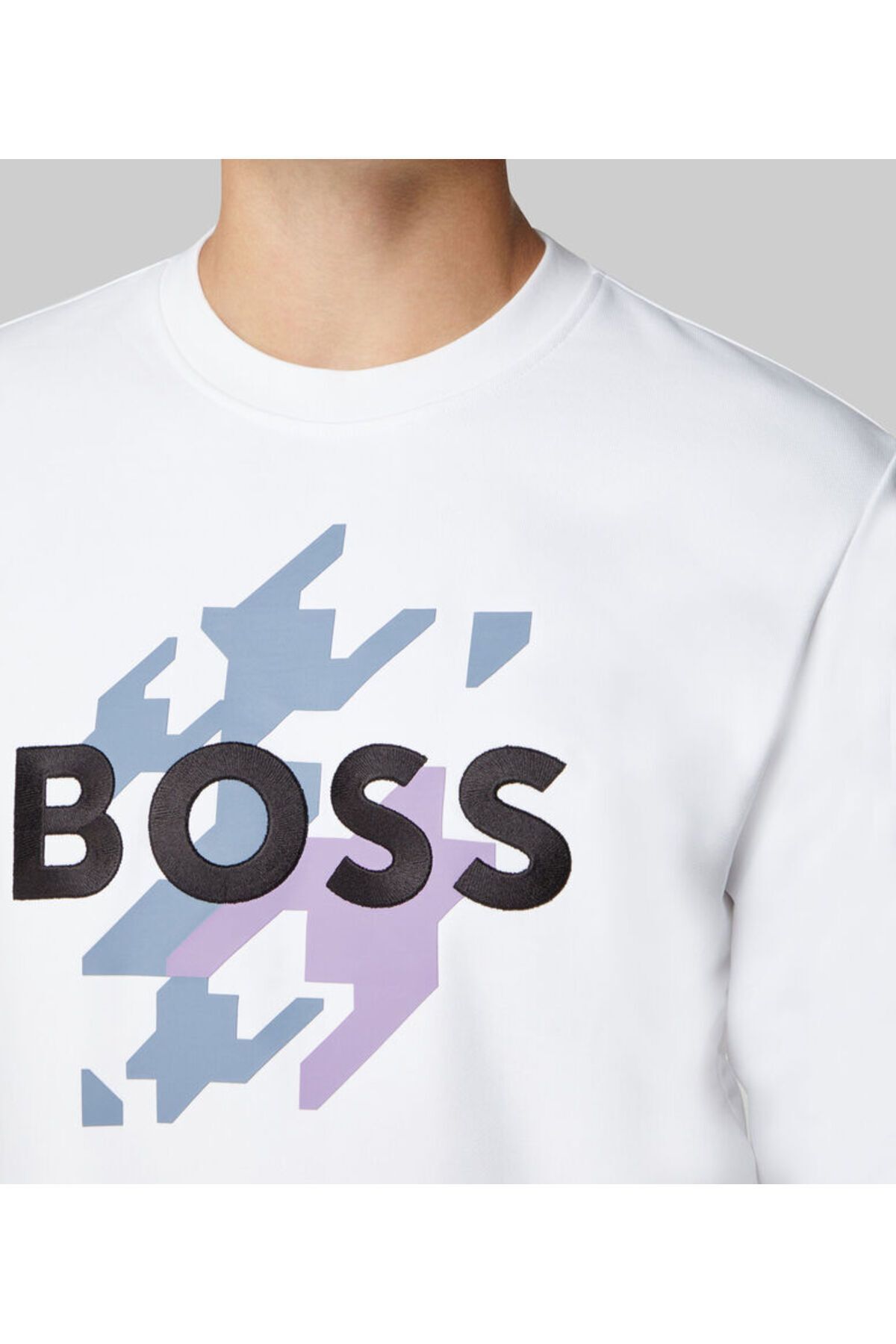 سویشرت سفید مردانه یقه دوچرخه مناسب آستین بلند پنبه ای پیراهن 100 BOSS