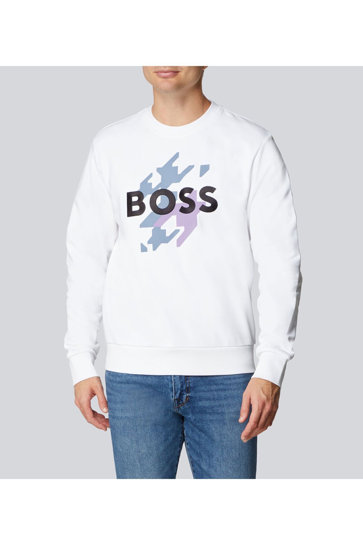 سویشرت سفید مردانه یقه دوچرخه مناسب آستین بلند پنبه ای پیراهن 100 BOSS