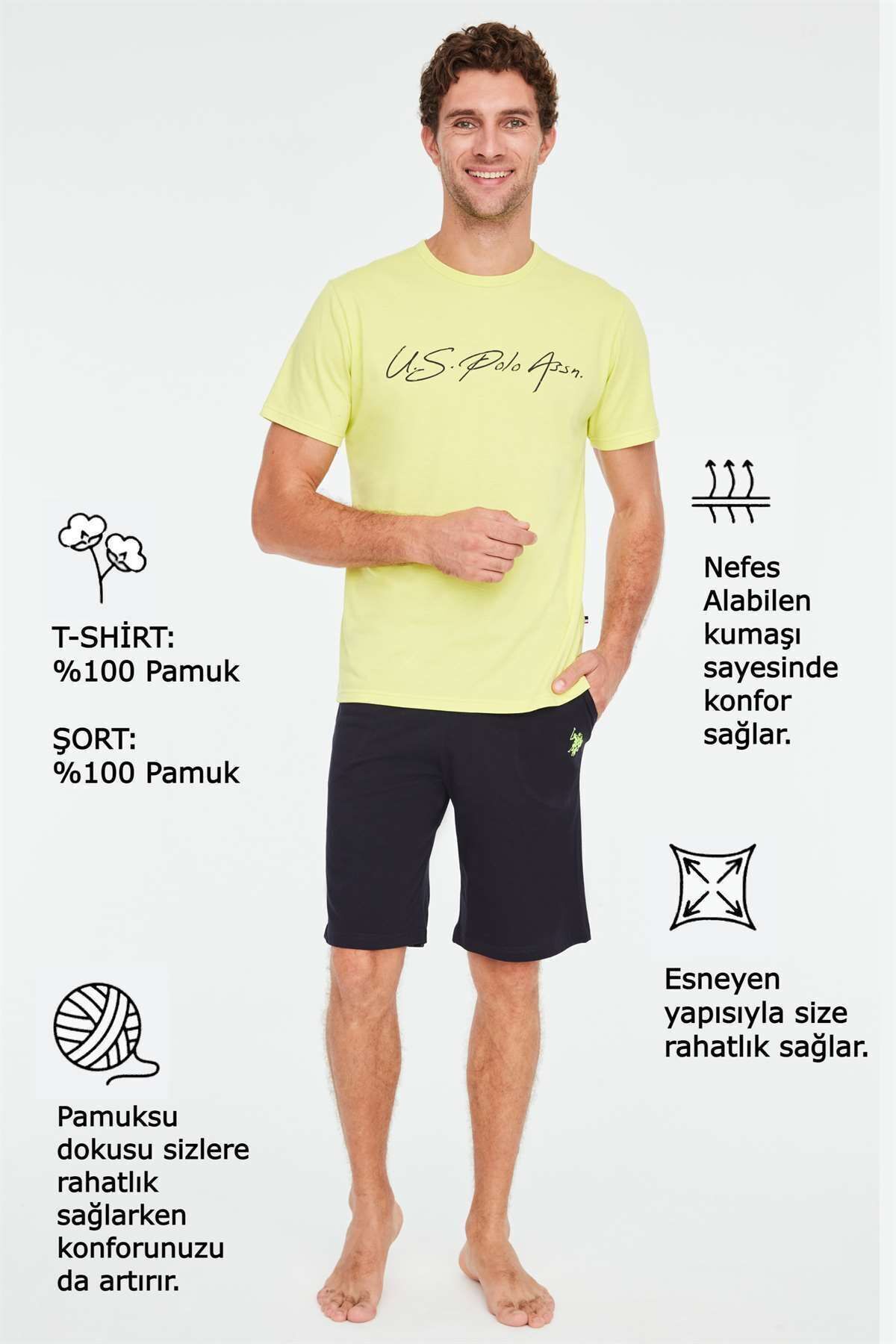 ست پیژامه زرد مردانه شلوارک تیشرت اورجینال U.S. Polo Assn.