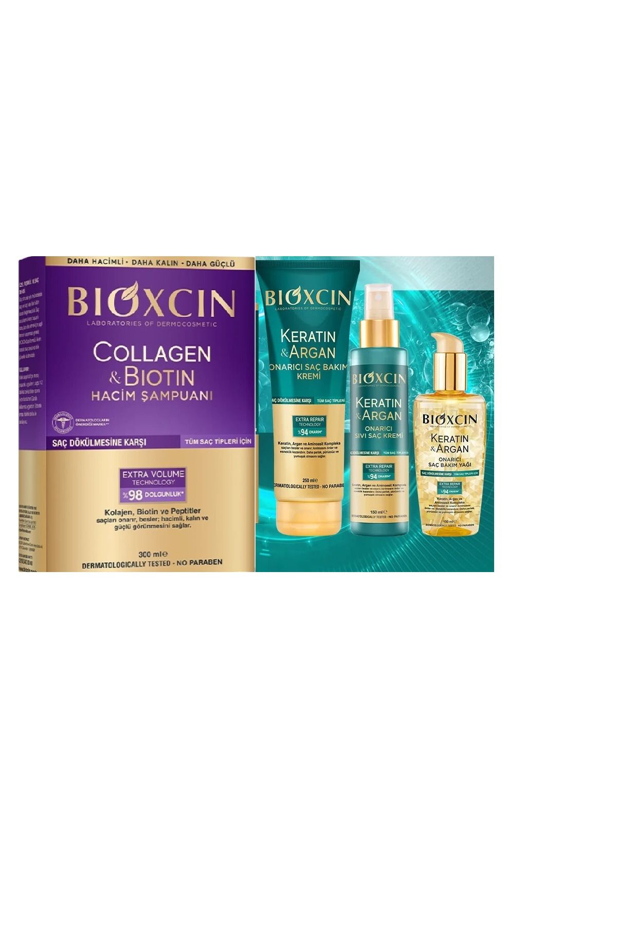 شامپو حجم دهنده کلاژن و بیوتین 300 میلی لیتر + روغن مراقبت از مو کرتین آرگان Bioxcin