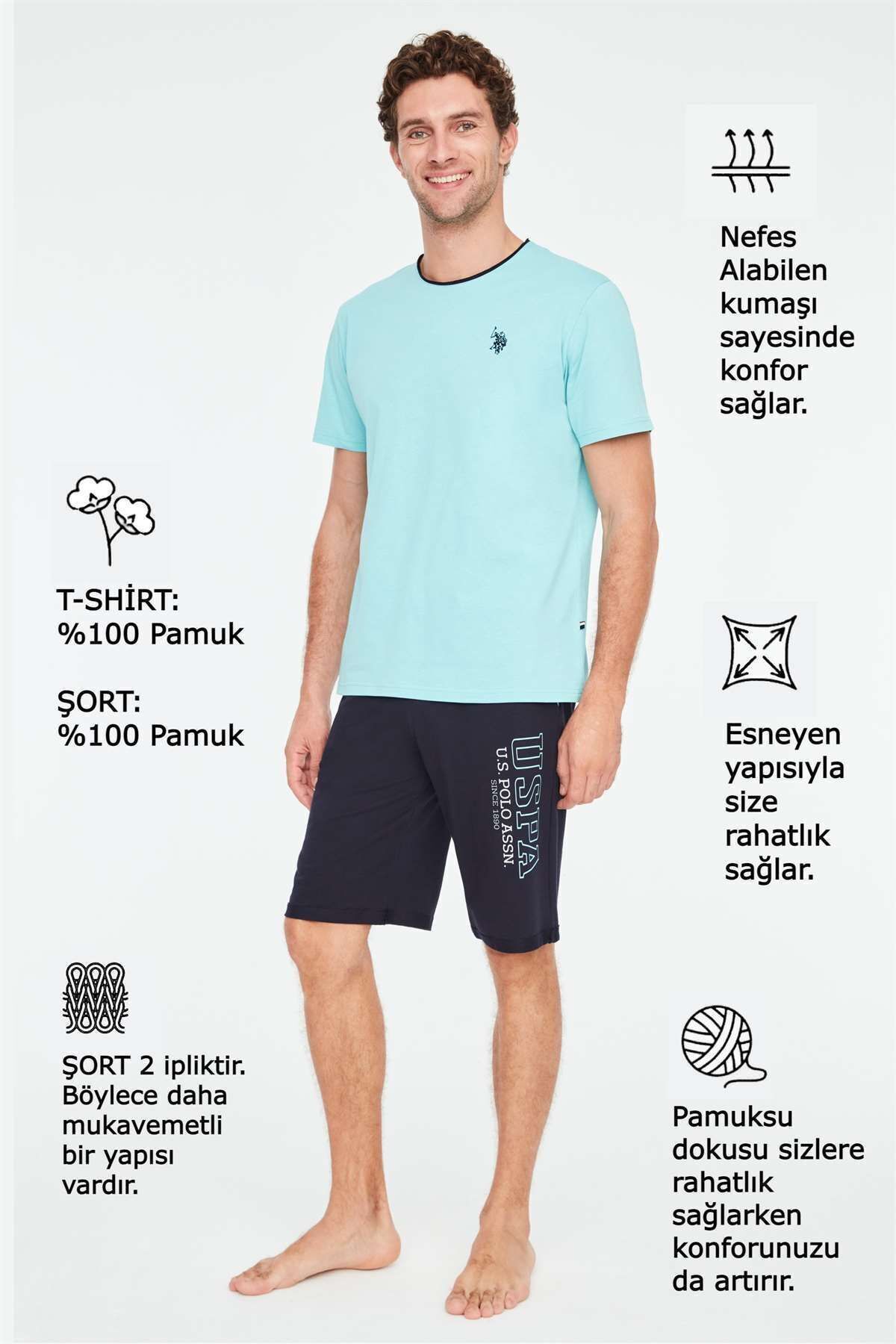 ست پیژامه آبی مردانه شورت تیشرت اورجینال U.S. Polo Assn.